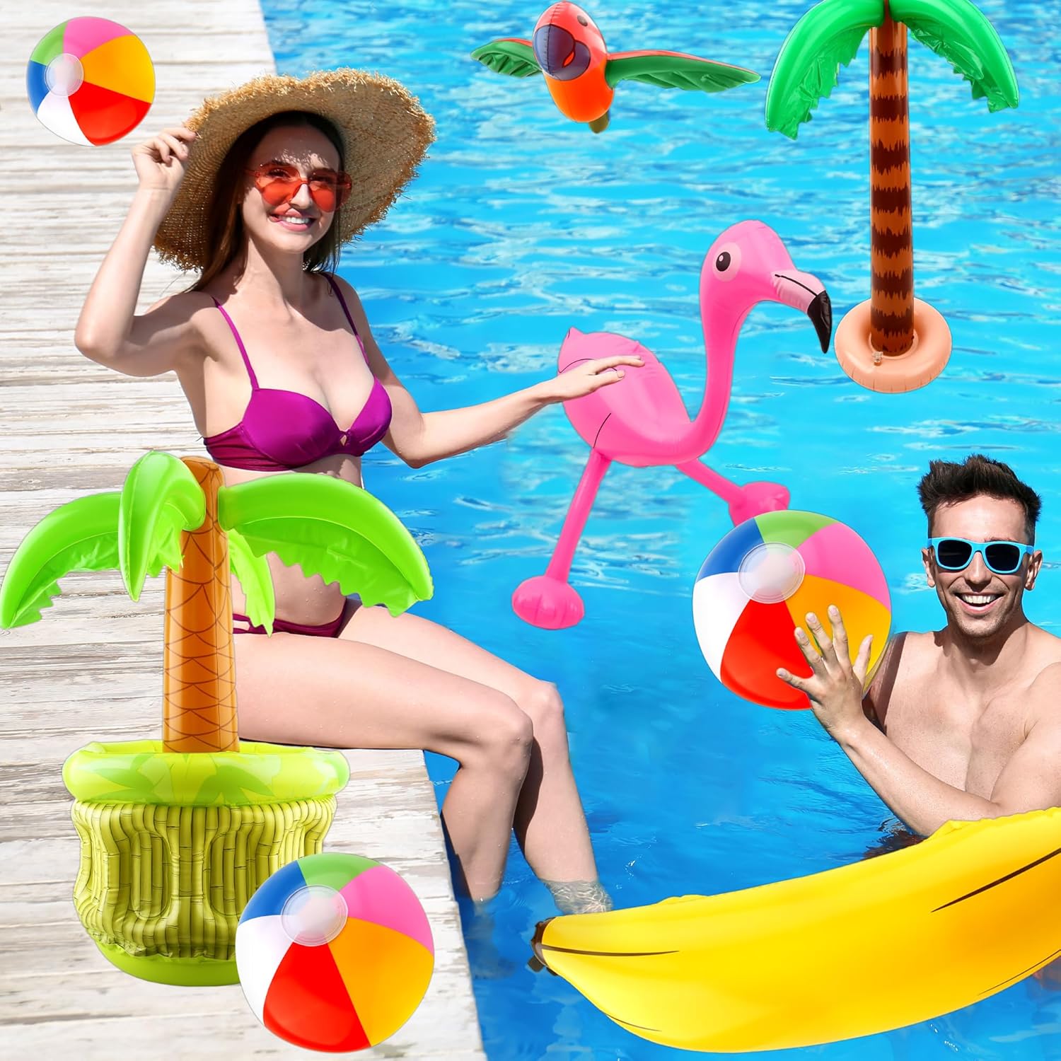 9 Pack Inflatable Palm Tree Blow Up Palm Tree Cooler Inflatable Flamingo Parrot Banana Beach Ball Pool Toys for Hawaiian Tropical Themed Luau Party Decorations