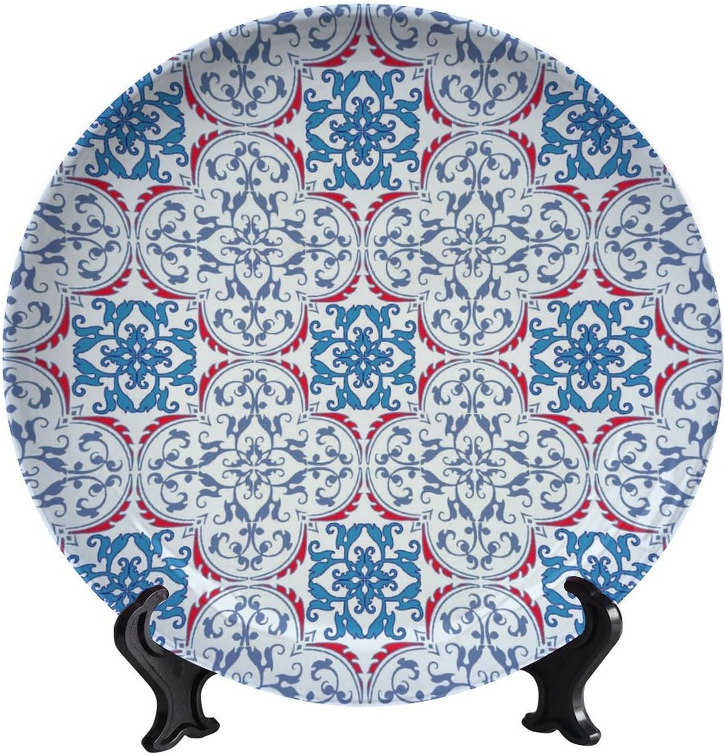 Turkish Decorative Plate Holder, 8 Inch, Blue Round Display Plate, Handmade Ceramic Ornament, for Wall Hanging Living Room Bathroom Decor Gift