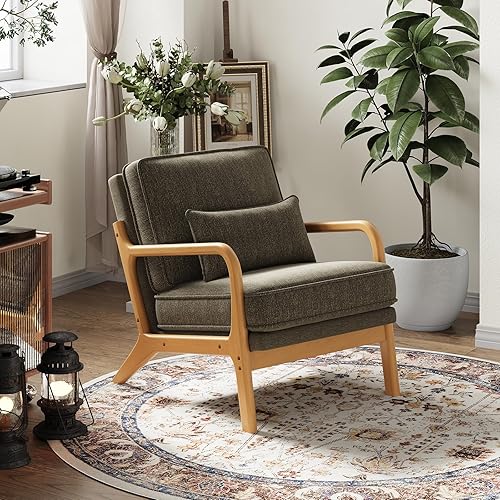 Silla decorativa moderna con almohada lumbar, sillón relajante de mediados de siglo con marco de madera maciza y cojín suave, sillón de lectura para