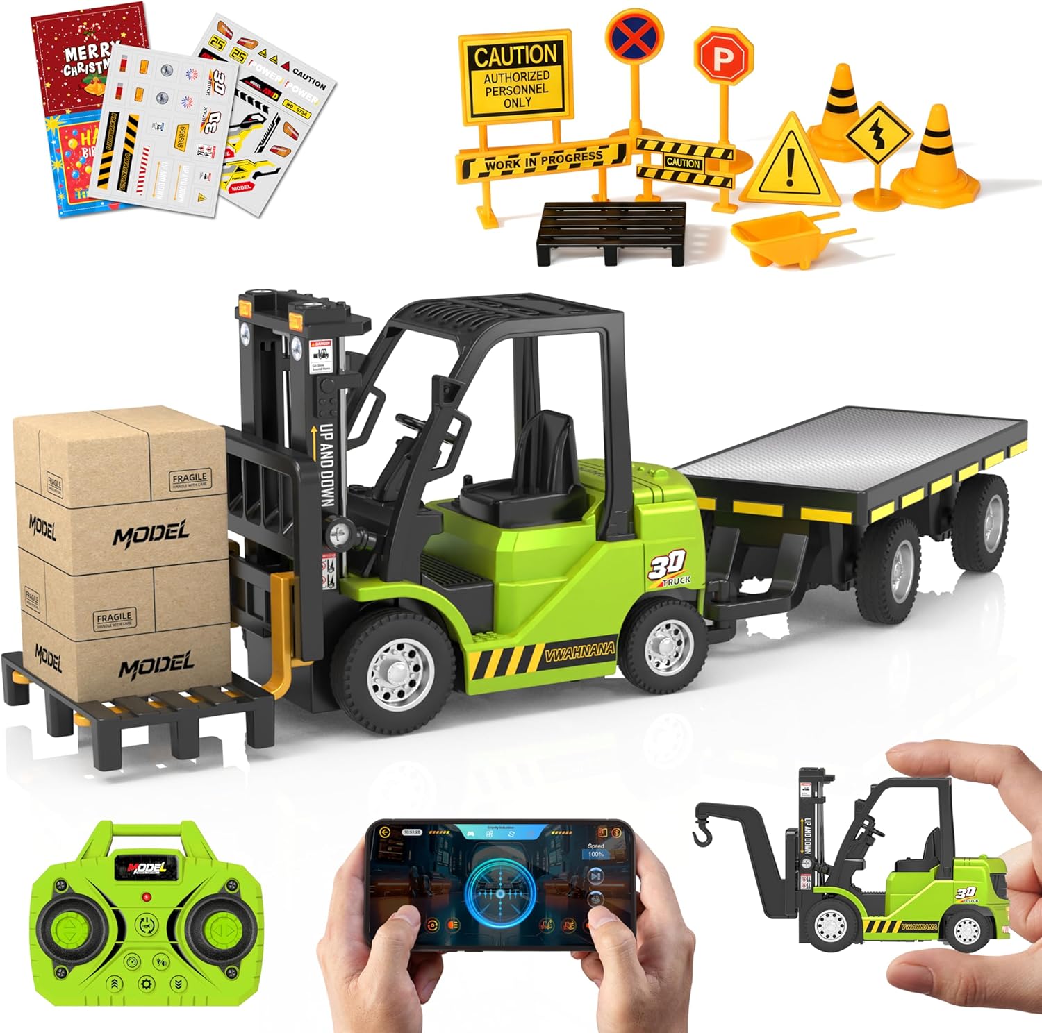 Mini RC Forklift Toy, 3 in 1 Remote Control Forklift Trailer, 10 Channel Mini Forklift Remote Control with Liftable Fork & Hook, 1/64 Desktop RC Construction Vehicles for Adults Kids Boy Gift