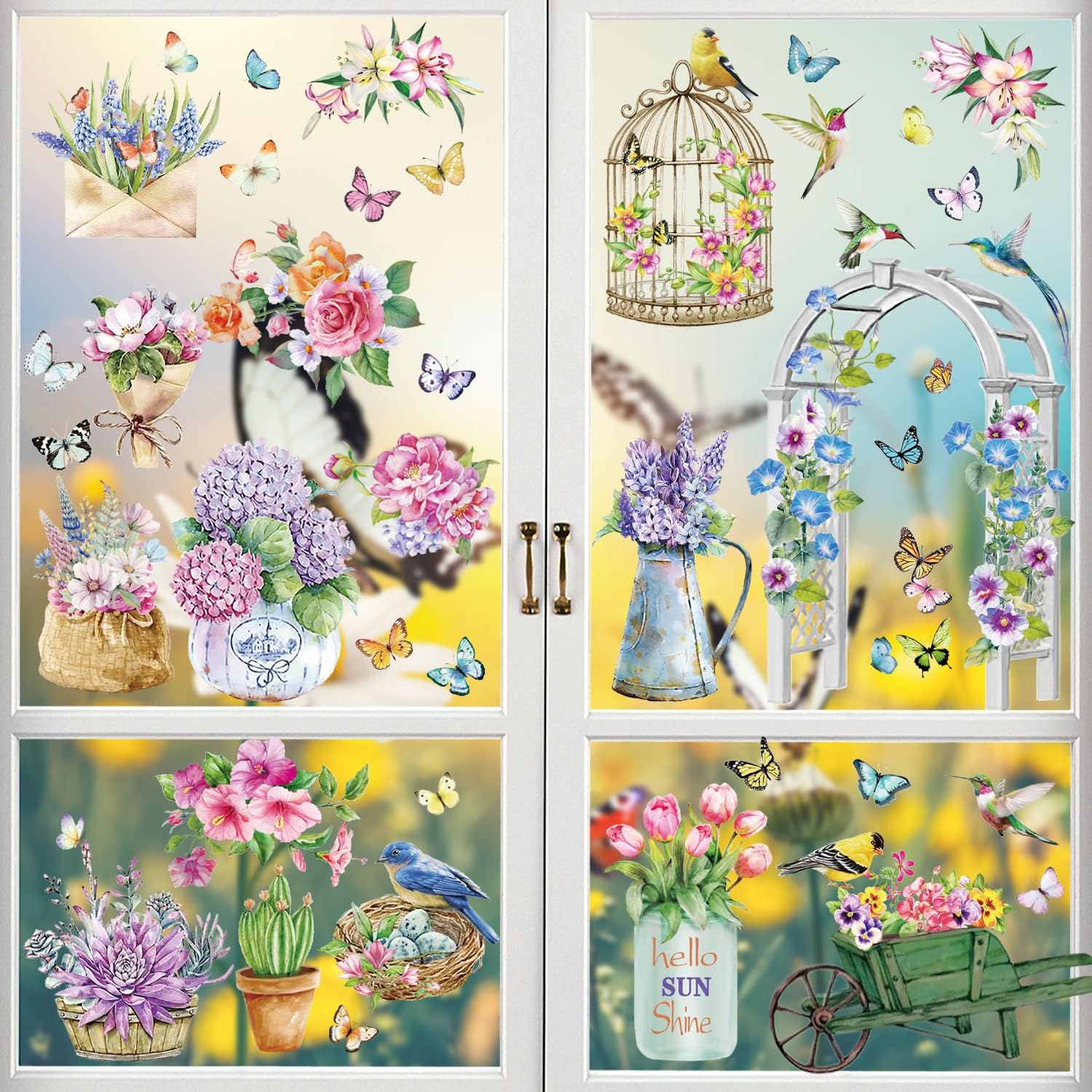 Large Size Summer Window Clings, 6 Sheets Double-Side Quality Printed Flower Butterfly Floral Stickers Window Decorations for Home, Colorful Static clings Spring Summer Window Decor Stickers