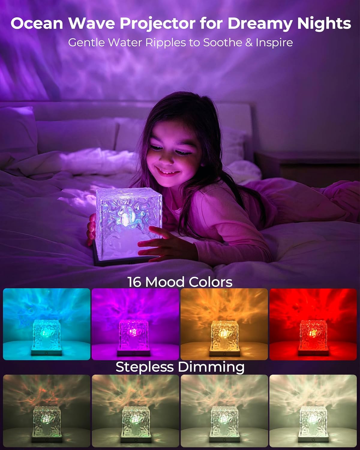 2-Pack Black Rechargeable Shower Lights, 16 Color Ocean Wave Projector Light Battery Powered, Shower Mood Lights Waterproof, Relaxing Bathtub Mood lighting, Water Ripple Lamp for Bath, Living Room