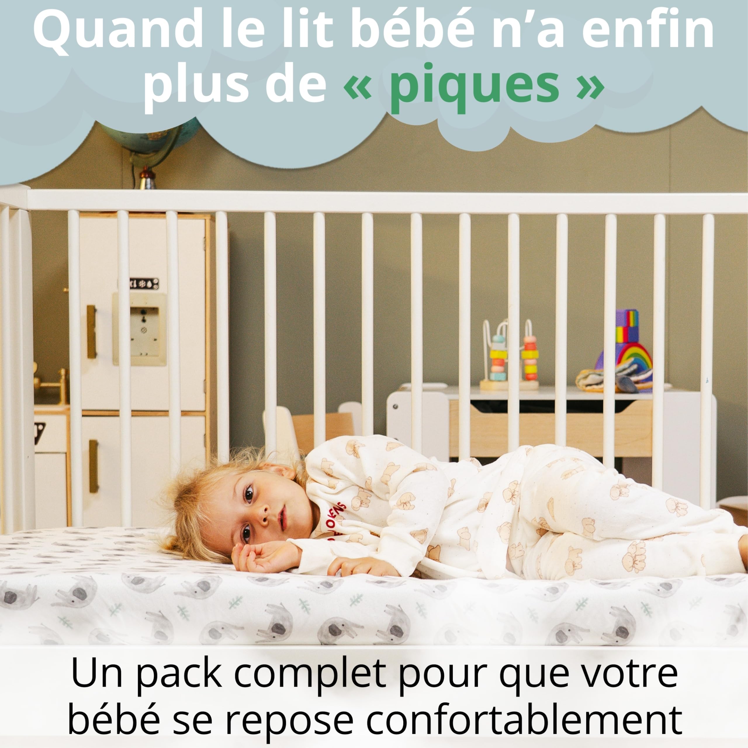 Set Drap Housse 60x120 Lit Bébé / 60x125. 2 Draps Housse Coton Jersey + 1 Protège Matelas Imperméable Éponge pour Lit Bébé. Certifié Oeko-Tex. Éléphants 125x60 / 120x60