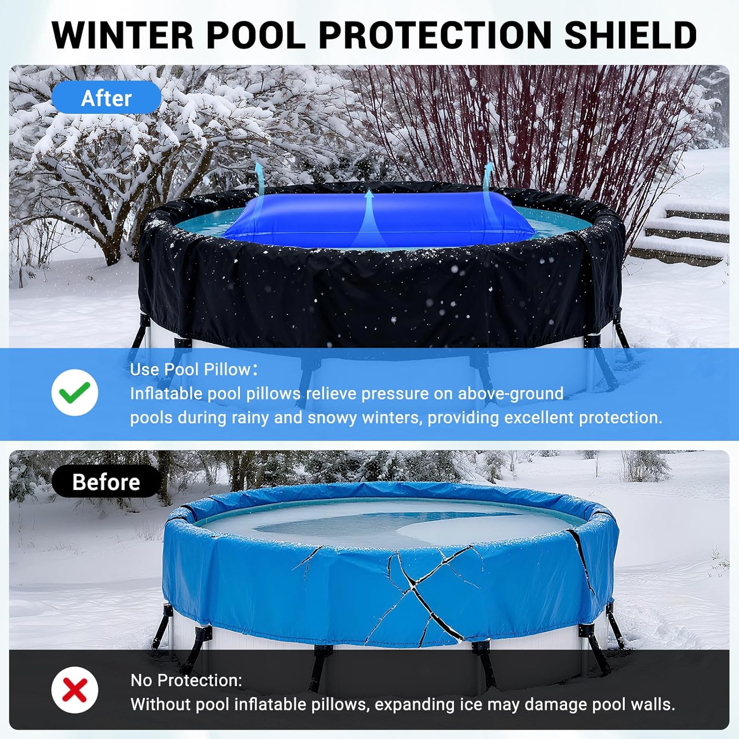 4 x 15 Pool Pillows for Above Ground Pools, Heavy Duty 0.4 mm PVC Winterizing Air Pillow for Closing Winter, with 49 ft Rope & Cold-Resistant