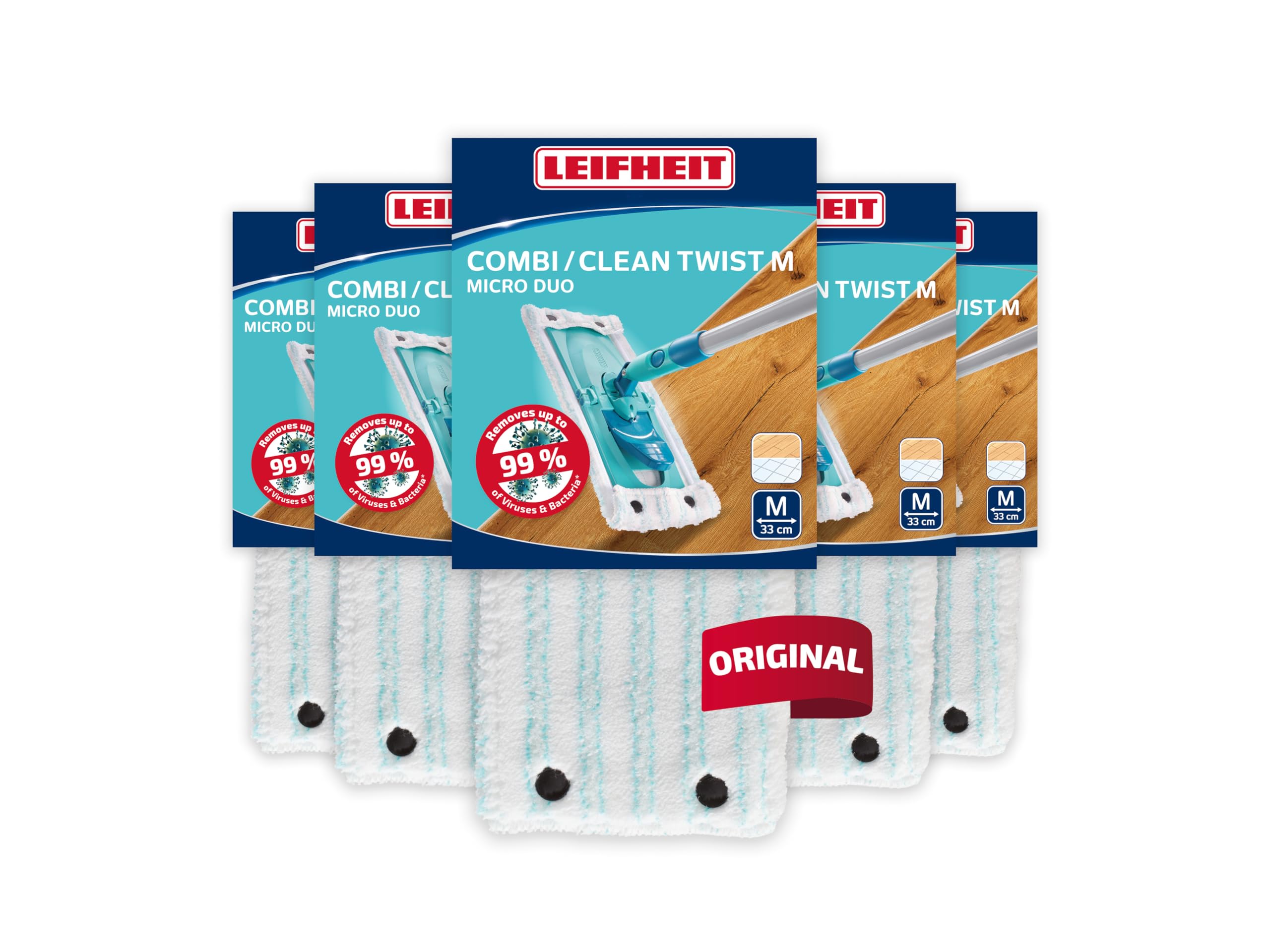 Leifheit Wischbezug CLEAN Twist M/Combi M Micro Duo 5er Set, Bodenwischer Ersatzbezug, Wischbezug aus Mikrofaser, für alle Böden