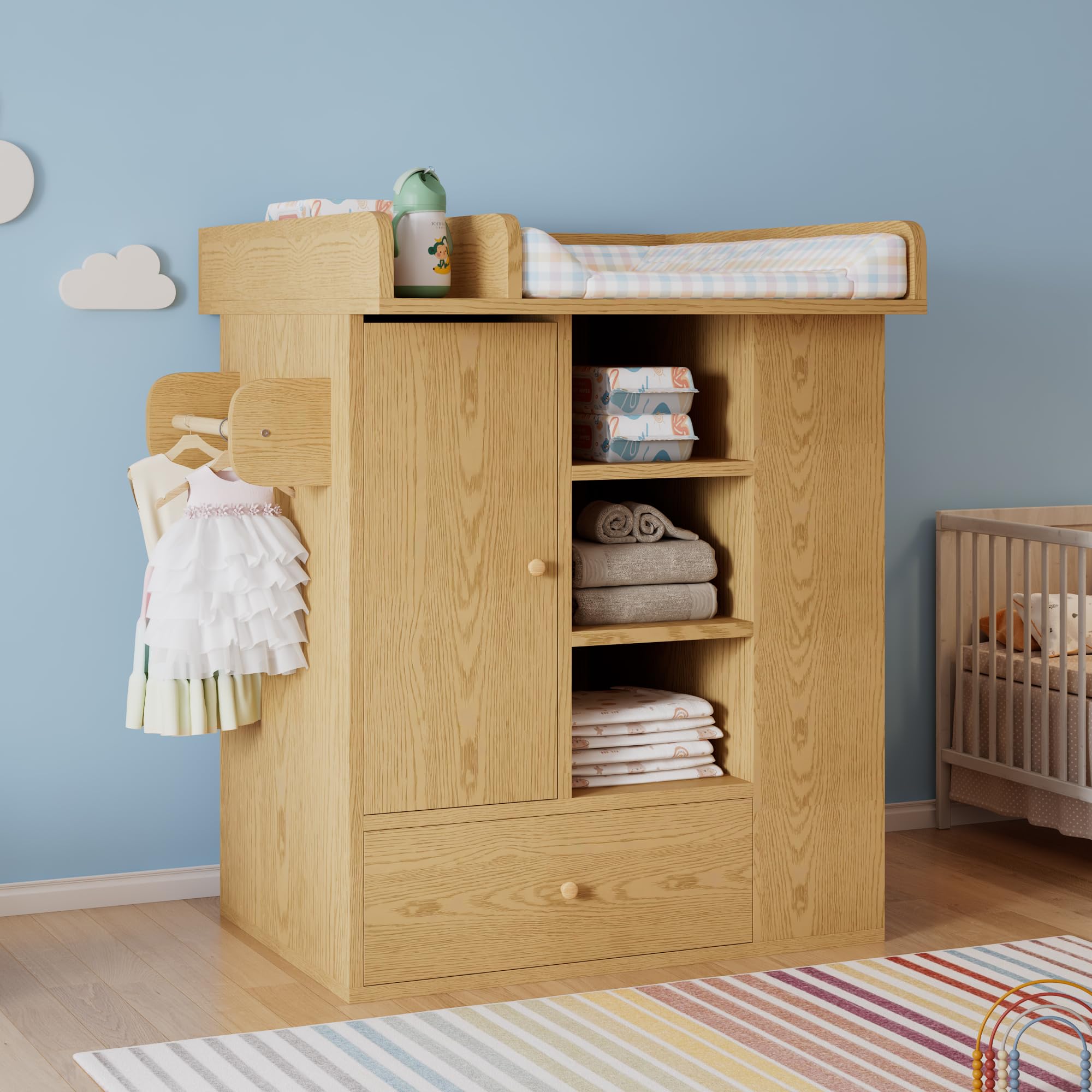Tidyard Wickelkommode mit Schublade und Schrank, Handtuchhalter, Naturholz, für Neugeborene, Babypflege, Kinderzimmer, Baby Erstausstattung