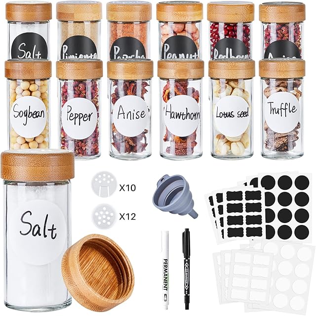 Miorkly 12 Spice Jars with Labels, 100ml Round Glass Spice Jars with Airtight Bamboo Lids and Shaker Lids, Cooking Spice Containers, Seasoning Jars Bottles Set for Spice Rack Cabinet Drawer