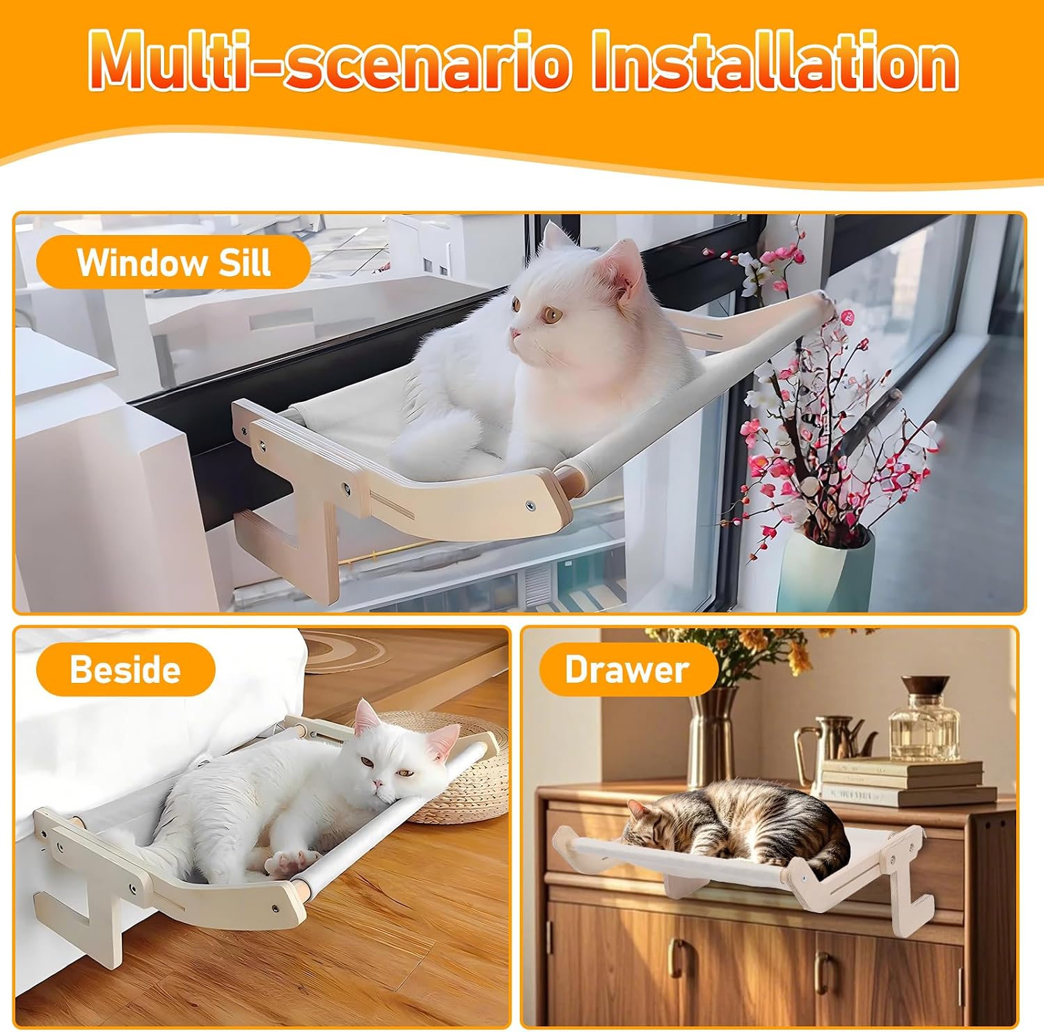 Cat Window Perch, Sturdy Cats Sill Window Hammock with Wood and Metal Frame, Hammock Windows Seat for Windowsill, Bedside, Drawer and Cabinet