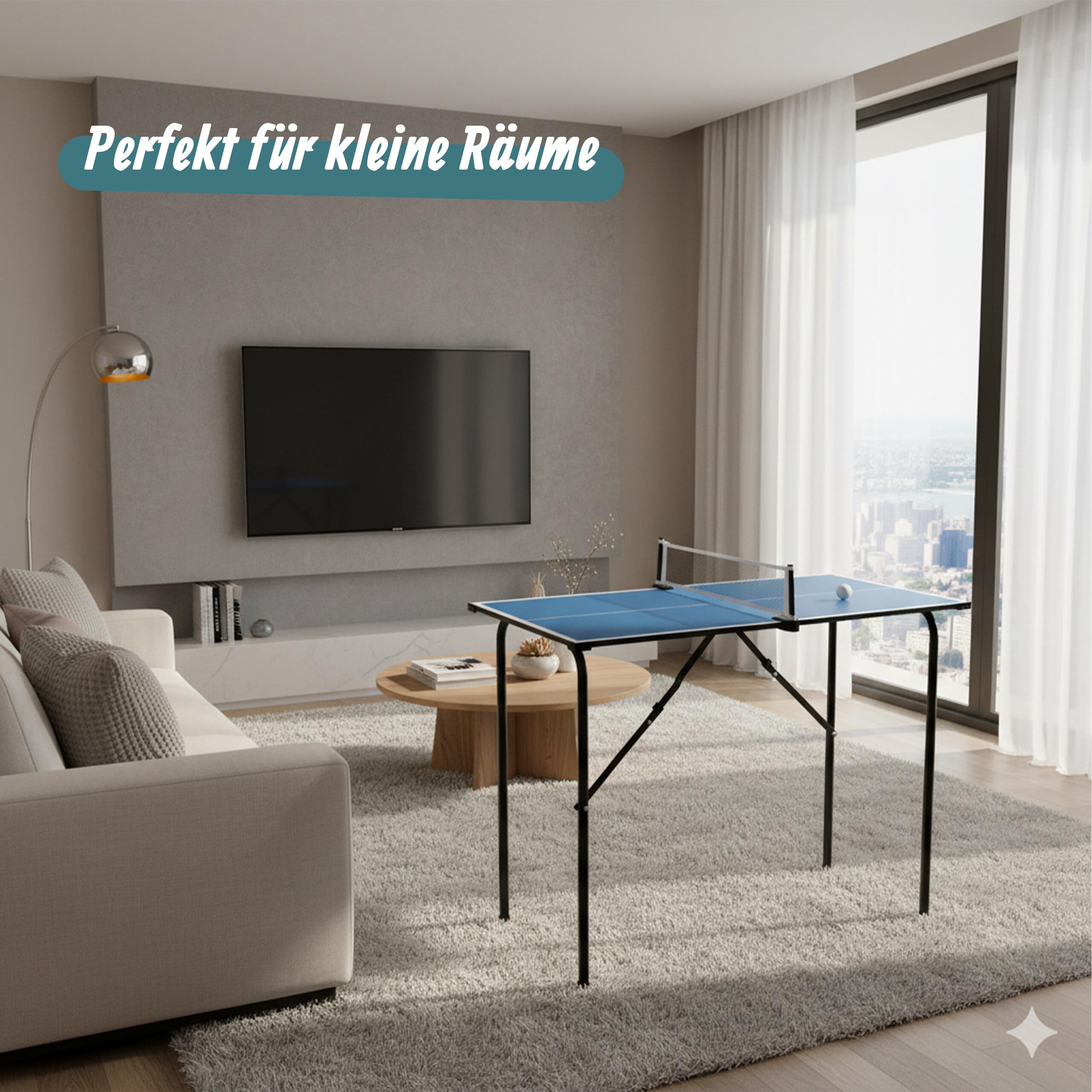 Relaxdays Mini Tischtennisplatte, klappbar, Indoor Tischtennistisch, platzsparend, HBT: 76x88x48 cm, MDF & Stahl, blau