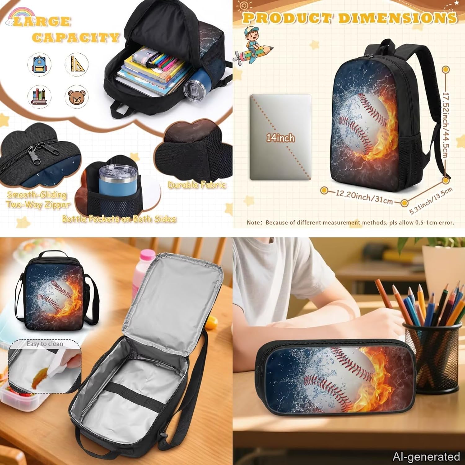 Teen Boys Girls Backpack Set School Bag Bookbag with Lunch Box Pen Case 3 Pcs, Baseball Water Fire Lightning image 4