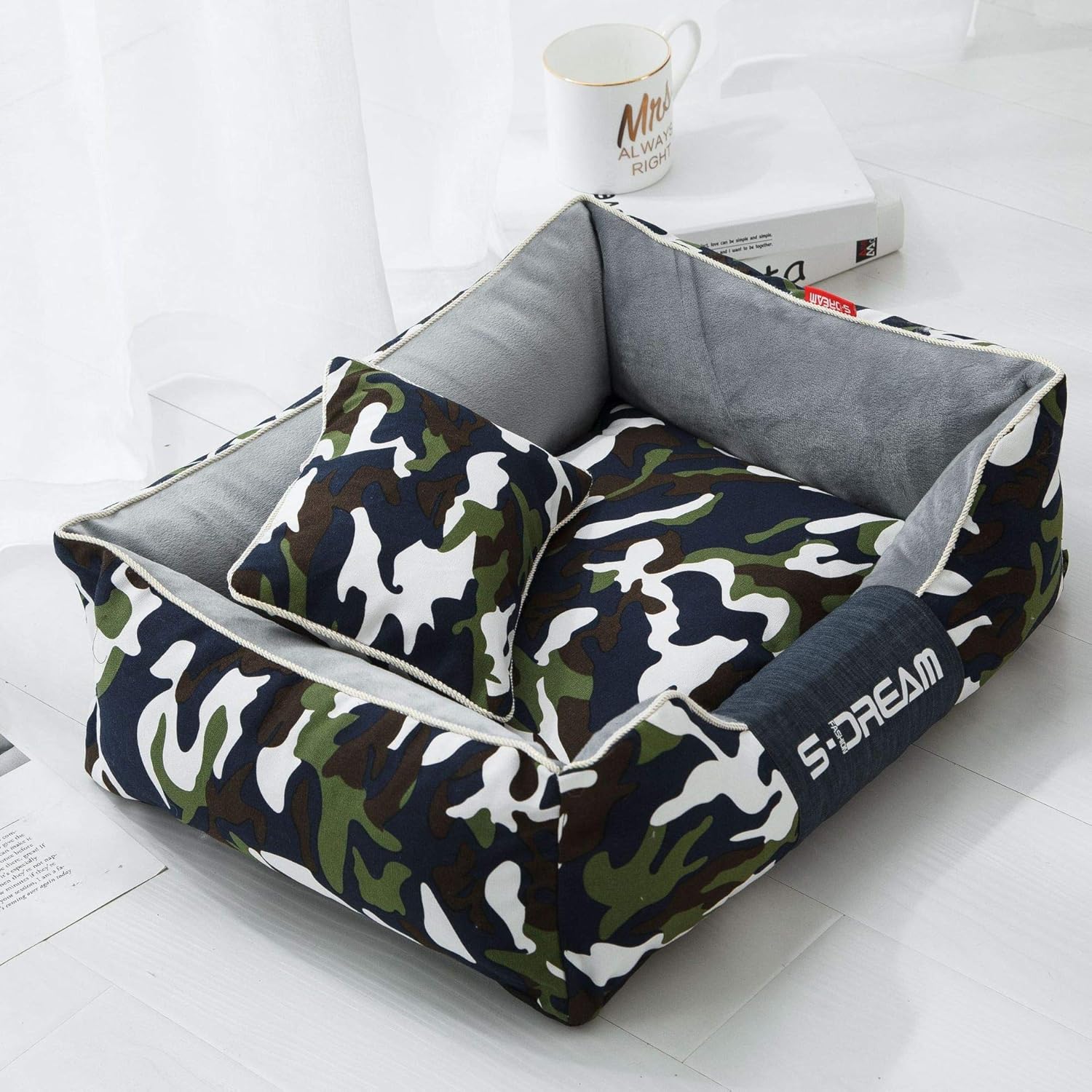 Chew Proof Dog Bed with Pillow,Washable Dog Mat, Cat Bed Mat, Dog and Cat Sleeping Pad, Suitable for Small, Medium and Large Pets (P, Large)