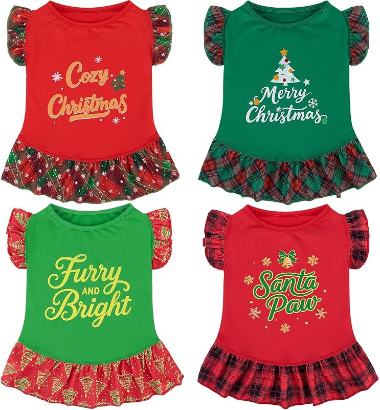 Vestido de Natal para Cães Pequenos XPUDAC, Xadrez Vermelho e Verde, XXS, Pacote com 4