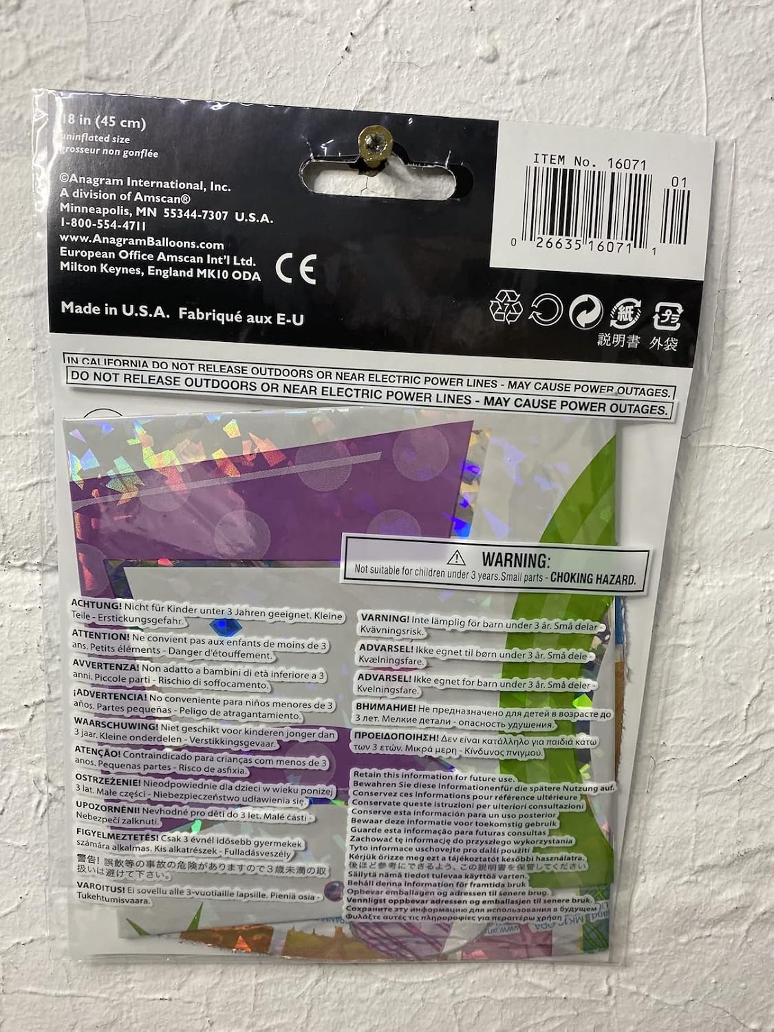 Back of the Anagram International Radiant Birthday 50 Balloon package, showing warnings and manufacturer information in multiple languages.