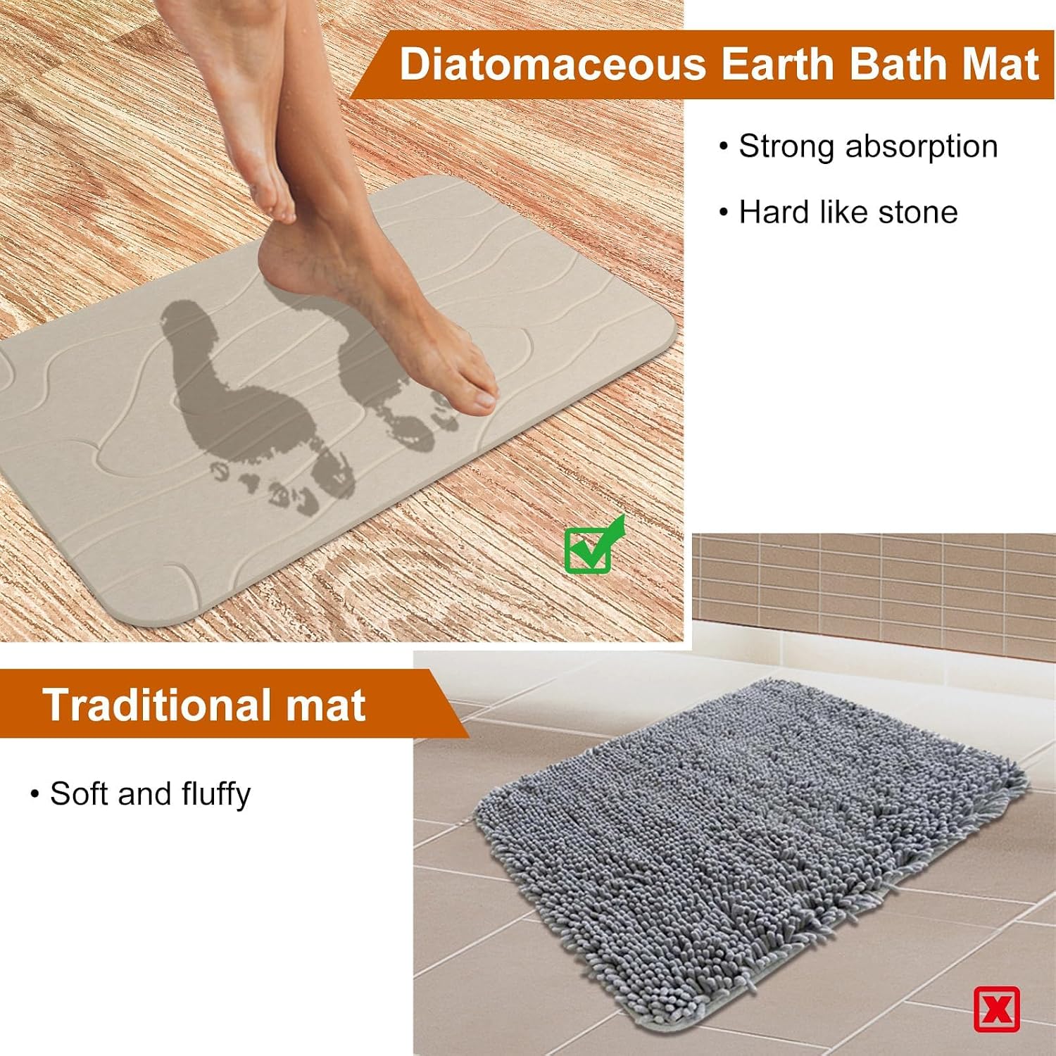 2 Pack Diatomaceous Earth Shower Mat, Stone Bath Mat, Nonslip Super Absorbent Fast-Drying Hard Bath Mat for Bathroom Shower Floor, 32 x 20 inch, Grey and White Pattern