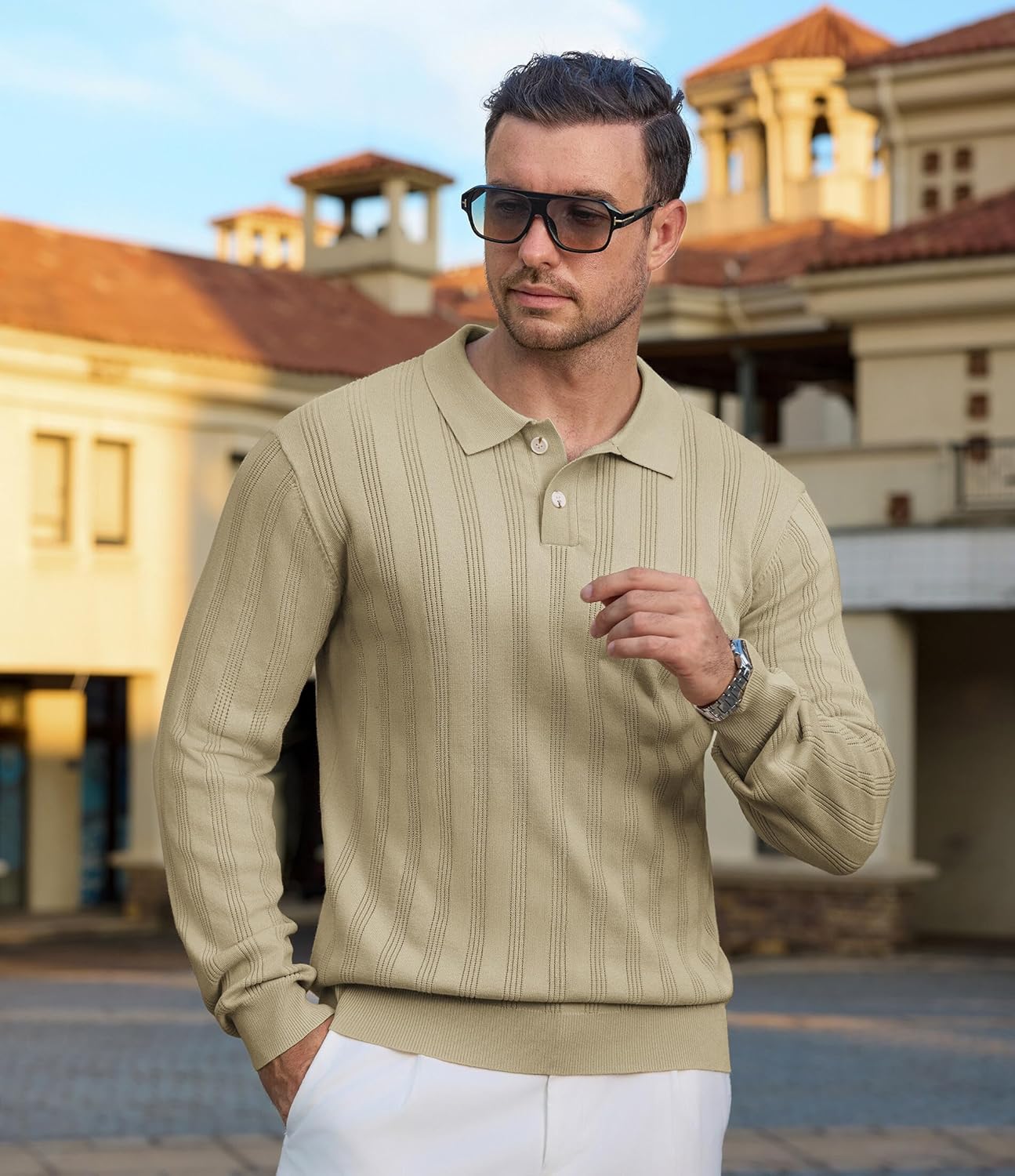 Mens Knit Polo Shirt Regualr Fit Lightweight Soft Casual Long Sleeve Striped Golf Polo Shirts - Image 4