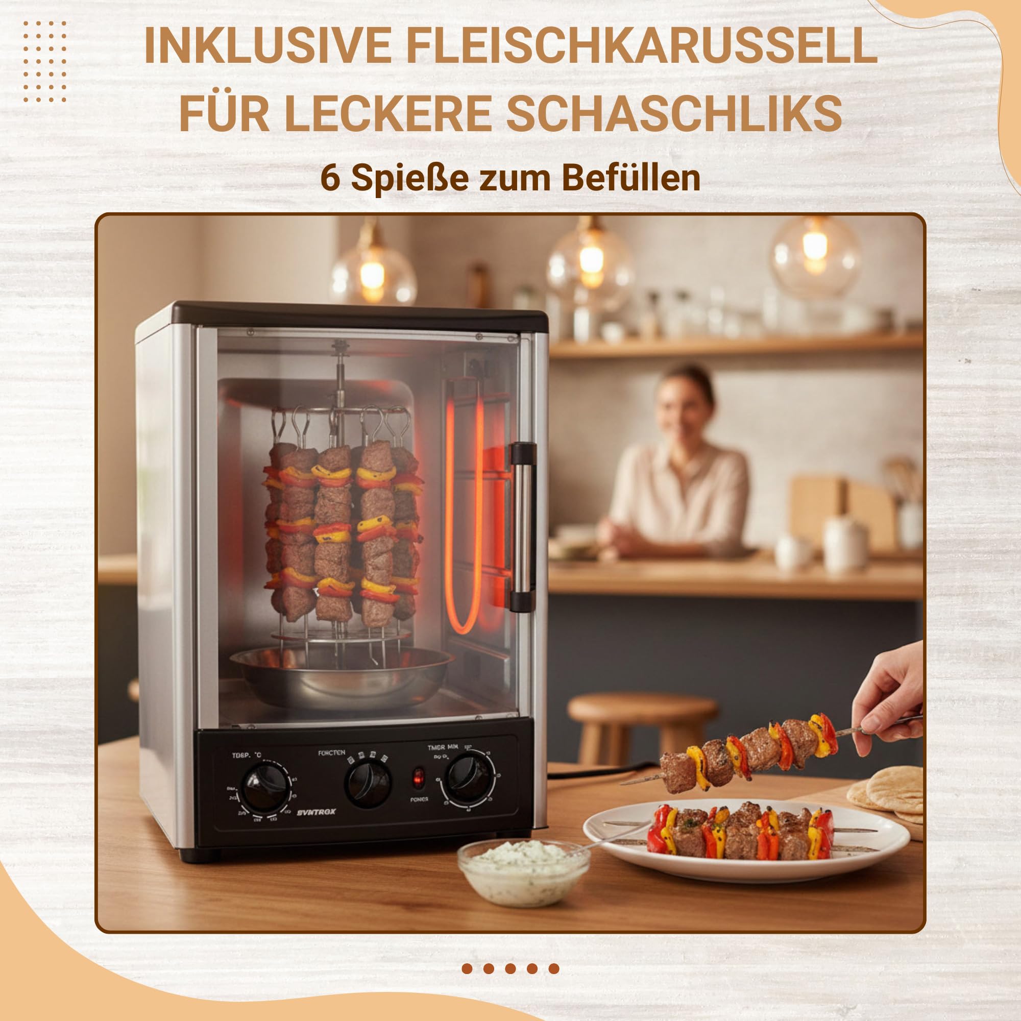 Syntrox Germany Backofen + Dönergrill Lugo 2 in 1, Heizofen, Gyrosgrill, Hähnchengrill, Drehspieß (23 Liter)