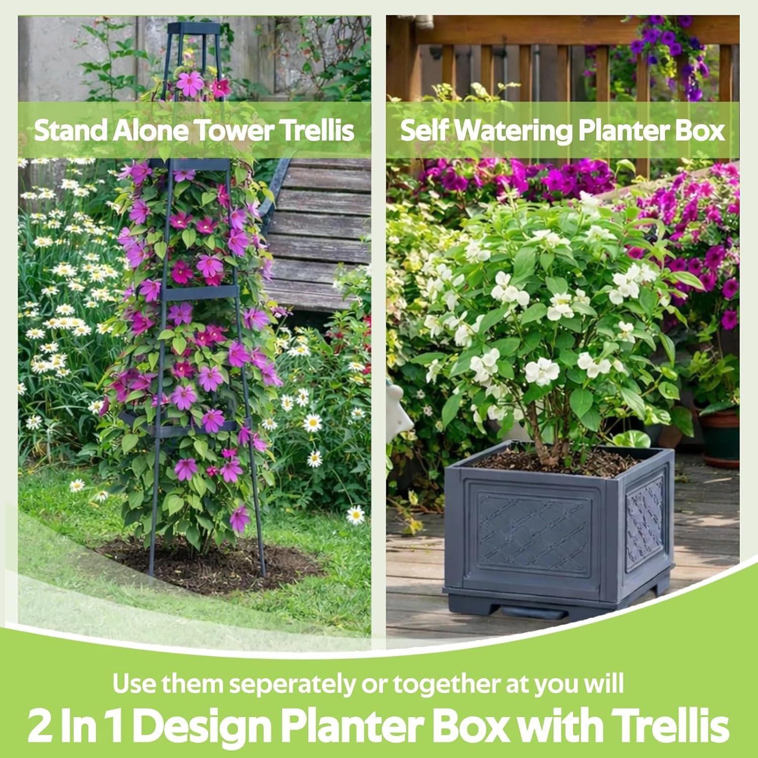 Tomato Planter Box with Trellis - Self-Watering Rolling Raised Garden Bed with Tomato Cages for Climbing Plants - Tomato Trellis with Planter Support for Flower Vegetable Vine Indoor Outdoor