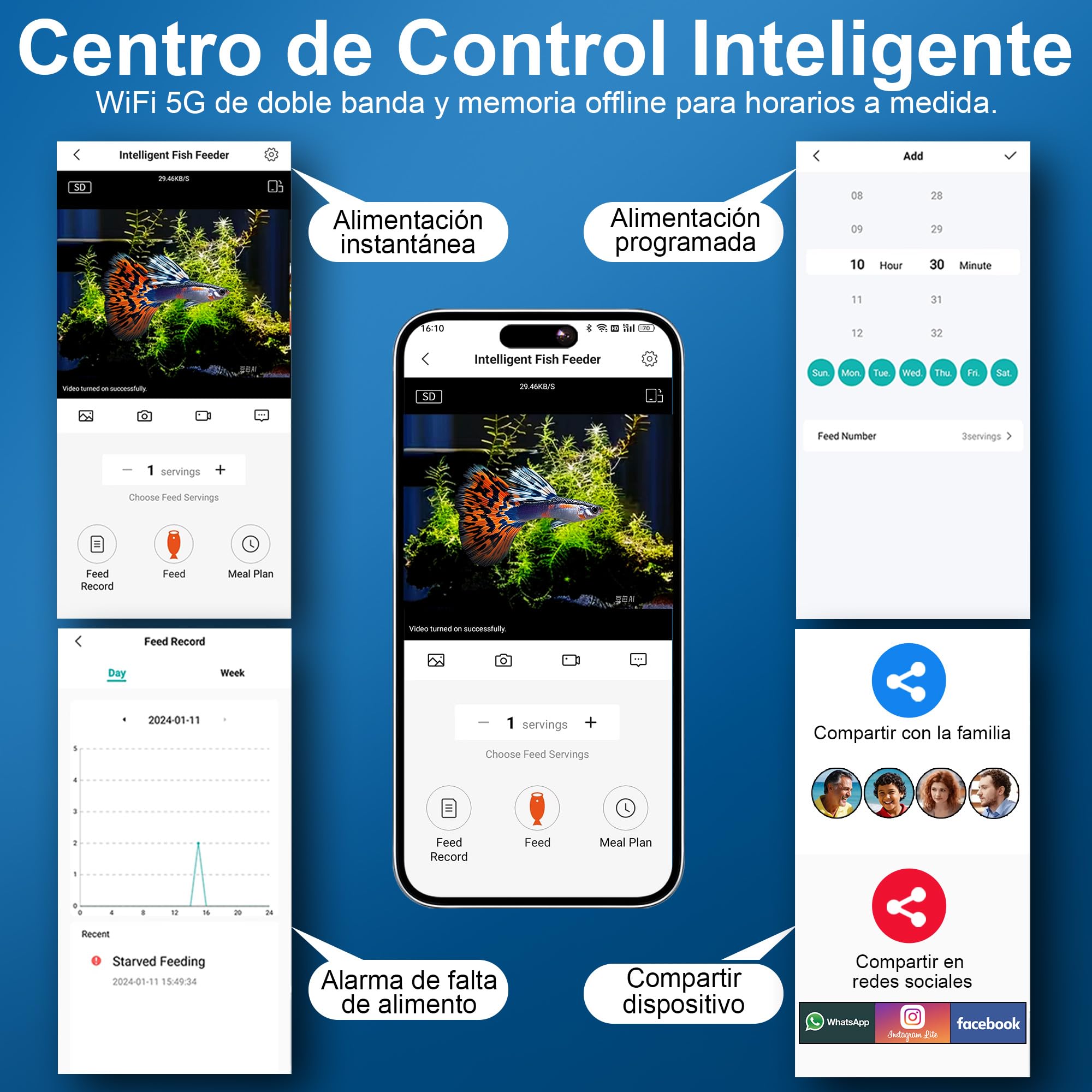 Comedero Automático Peces WiFi Smart, Cámara 2.5K, App 2.4/5G, Dosis 0,2g Cuidado Vacaciones, Depósito 230ML Anti-Vaho, Temporizador, Notificación, Acuario Marino, Agua Dulce y Tortugas