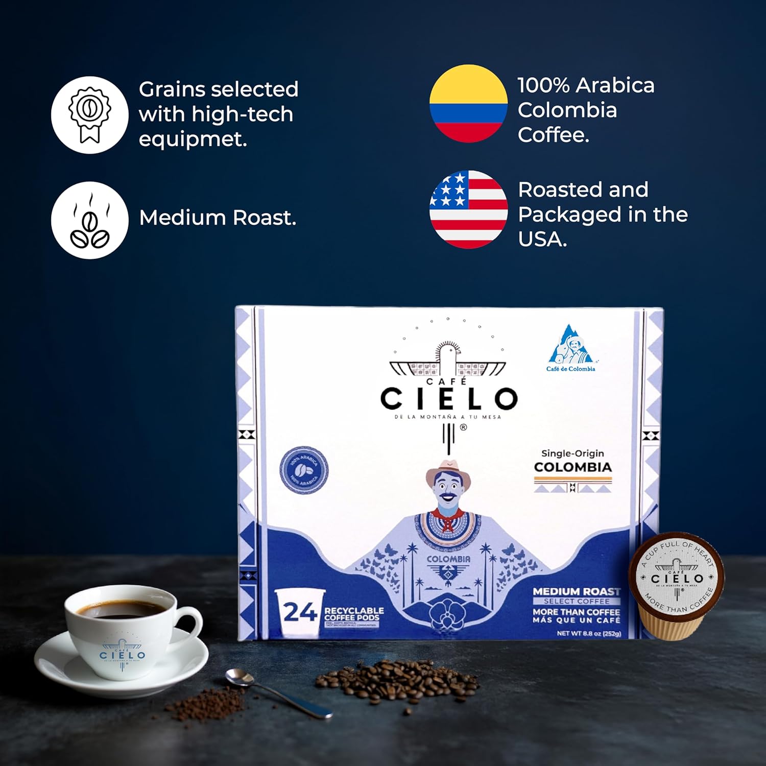 Café Cielo, Colombian Coffee K-Cup Pods, Single Origin, Medium Roast, 100% Select Arabica Coffee, 24 Count (1 Box of 24 K-Cup Pods), Compatible with Keuring & Keuring 2 Coffee Machines, enrriched with notes of chocolate, caramel, panela and mango.
