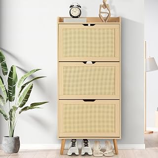 GarveeHome Shoe Cabinet - Hidden Shoe Storage with 3 Flip Rattan Flip-Drawer and Anti-Tip Design, Shoe Cabinet for Entryway, Foyer, Hallway, 18-20 Pairs Storage Organizer, MDF Frame