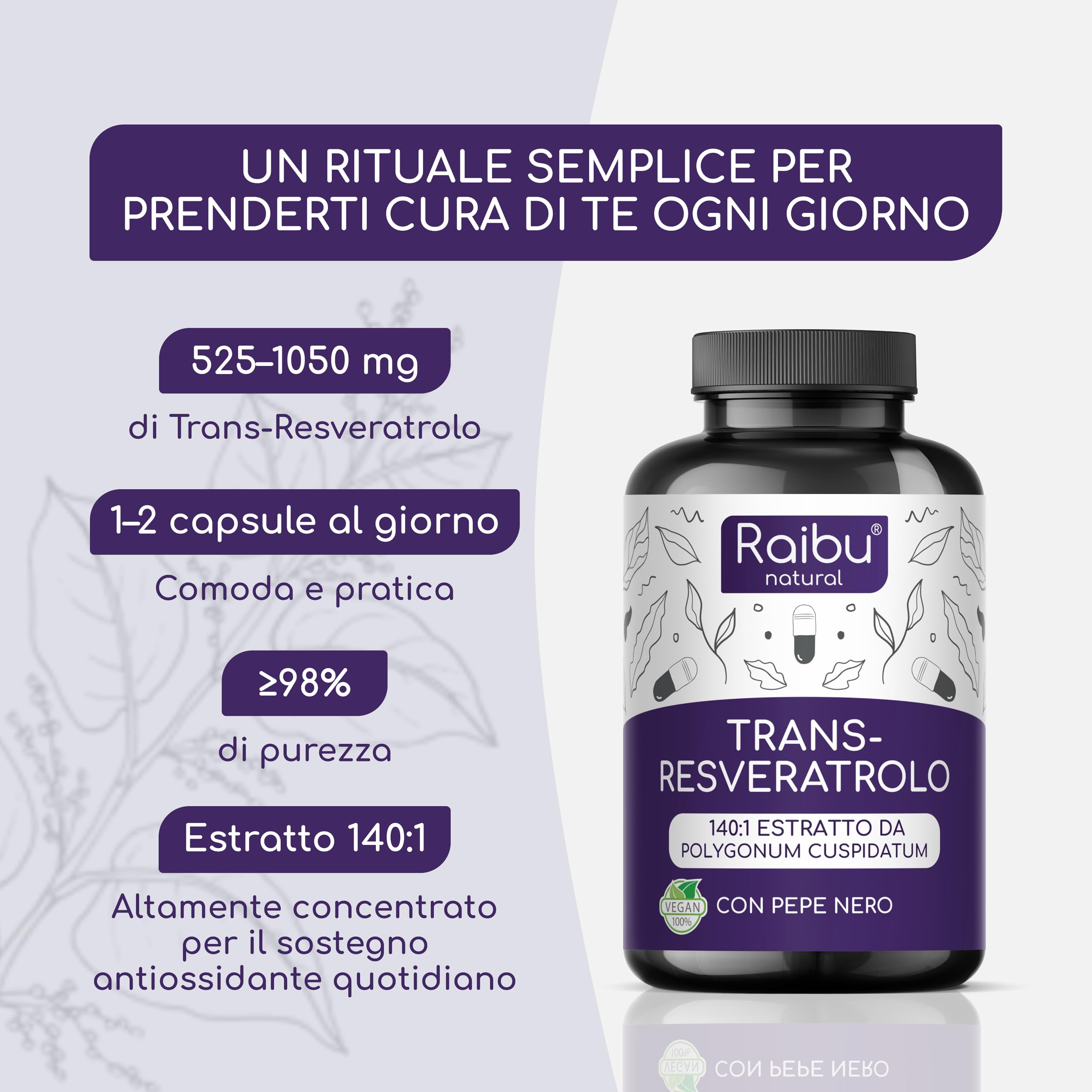 Resveratrolo Puro, 1050mg di Trans-Resveratrolo 98% da Polygonum Cuspidatum - Antiossidante Naturale, Alto Assorbimento - Senza Magnesio Stearato né OGM - 60 capsule vegane
