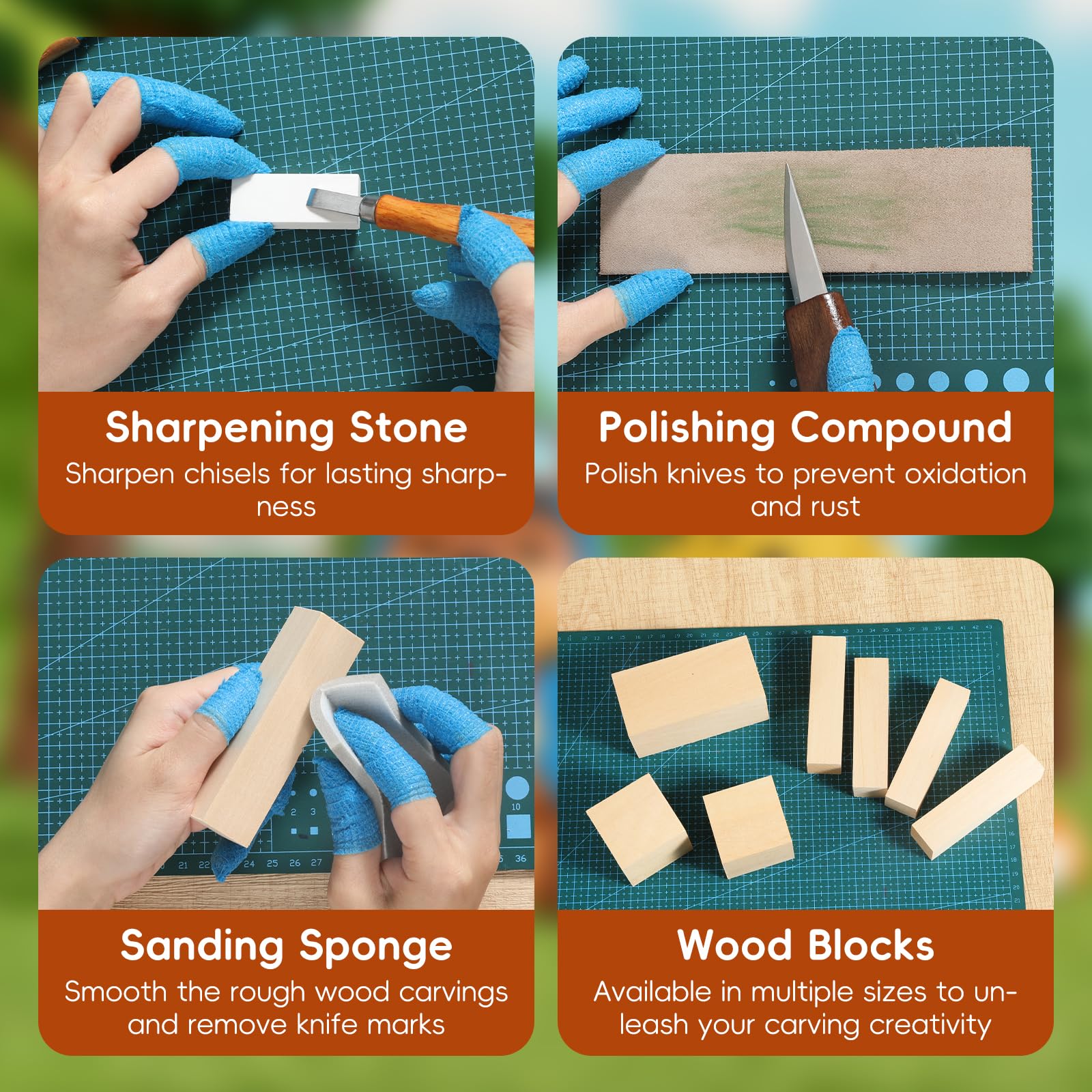 Housolution Kit de Tallado en Madera con Bolsa de Transporte，29PCS Incluye Cuchillos, Cinceles, Bloques de Tilo y Guantes, Herramientas de Carpintería para Principiantes y Aficionados al Bricolaje