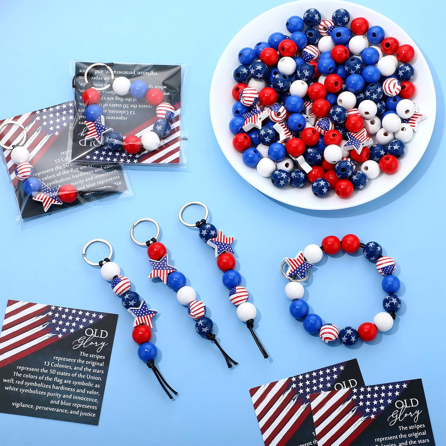 Knitgrip 346 Pcs/20 Sets Patriotic DIY Bead Bracelet Red White Blue Keychain Kit American Flag Wooden Bead for Craft with String Jewelry Necklace Craft Decoration School DIY