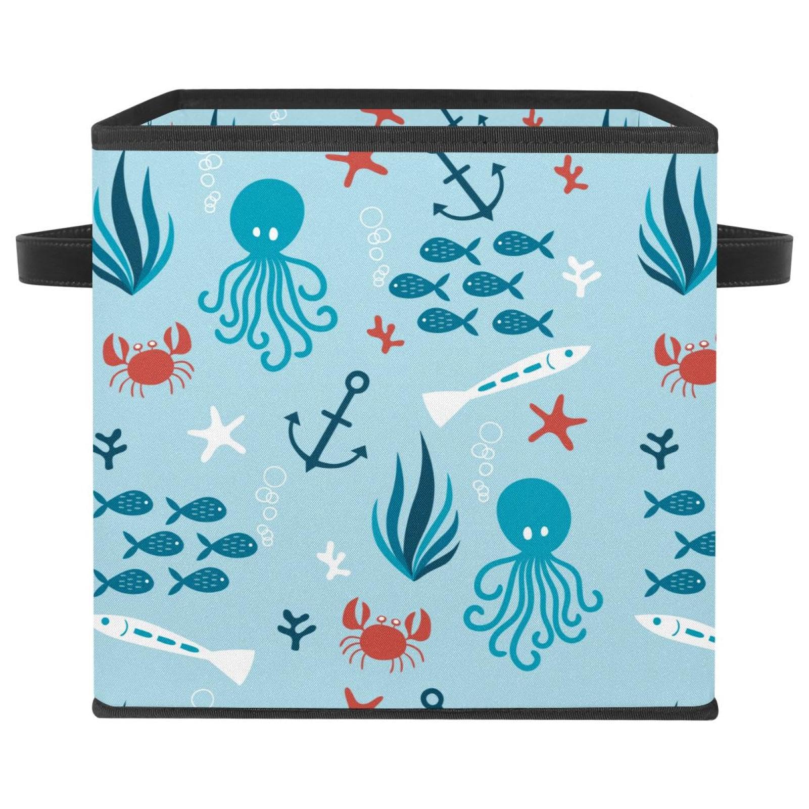 Boîte de rangement pliable cube en tissu pour placard de chambre d'enfant motif pieuvre et poissons