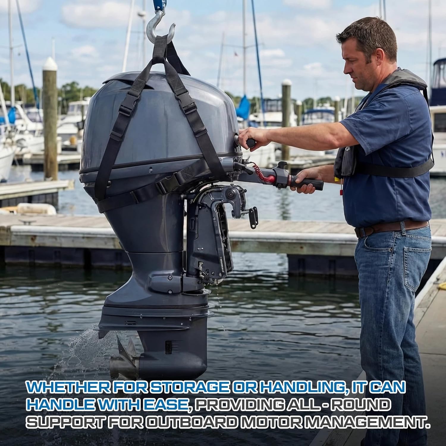 1 Set Outboard Motor Hoist Harness, for 2 HP to 30 HP Outboard Engine, High Strength Lift Straps with Storage Buckle, Heavy Duty Universal Motor Tote, Stand Lift for Most Engine Models