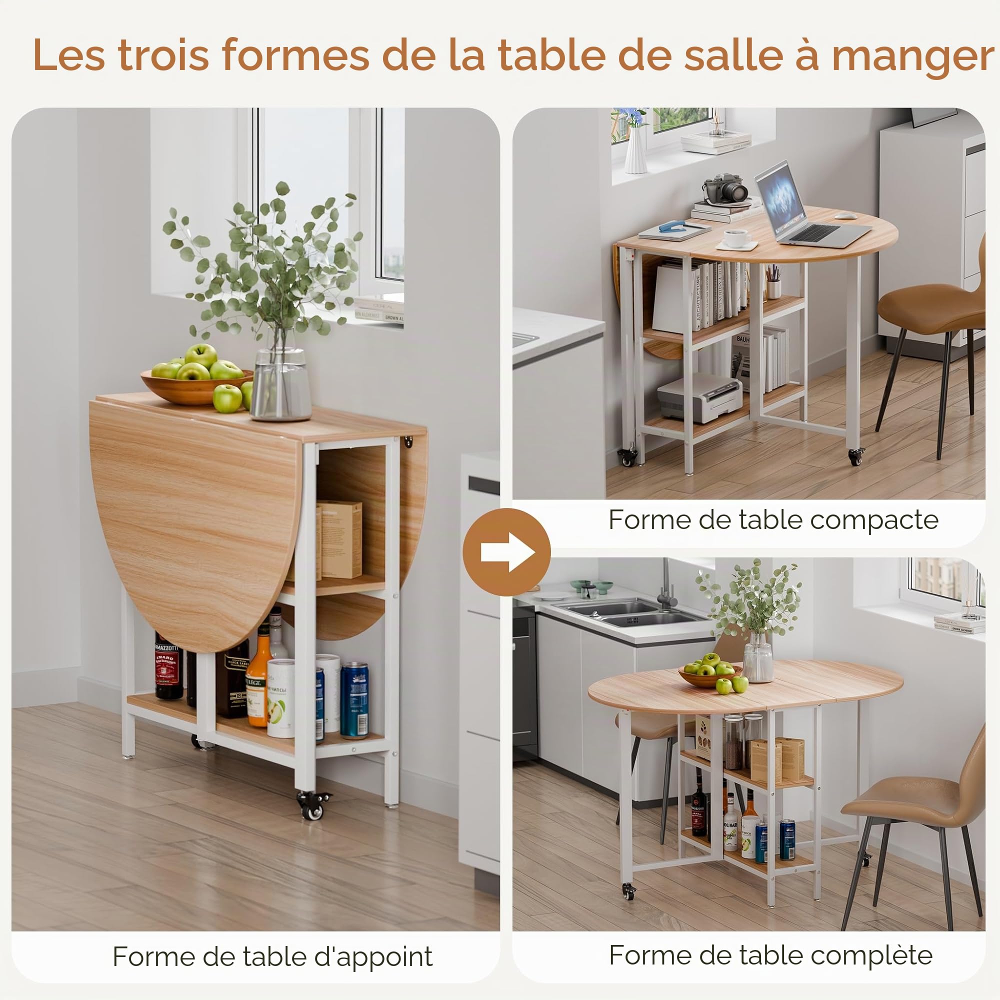 Mondeer 120cm Table à Manger Pliable,Table de Cuisine pour Petits Espaces | Ovale Table Rabattable Extensible, Etagères de Rangement,Avec Roues,2 à 4 Personnes,Moderne,Chêne et Blanc