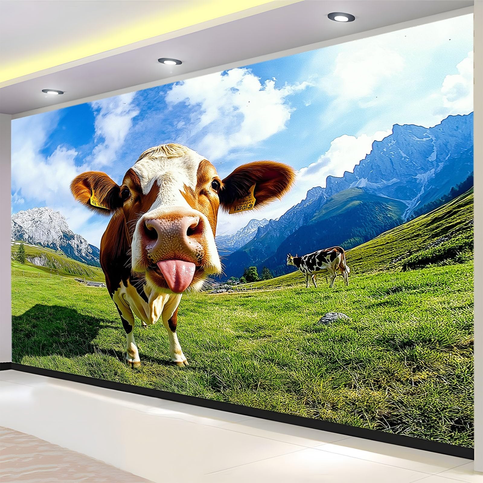 Fototapete 3D Effekt Tierfotografie Berge Wiesen Kühe Tapete Fototapeten Vlies Tapeten 250 x 175 cm Vliestapete Wandtapete Moderne Wand Schlafzimmer Wohnzimmer Tapete