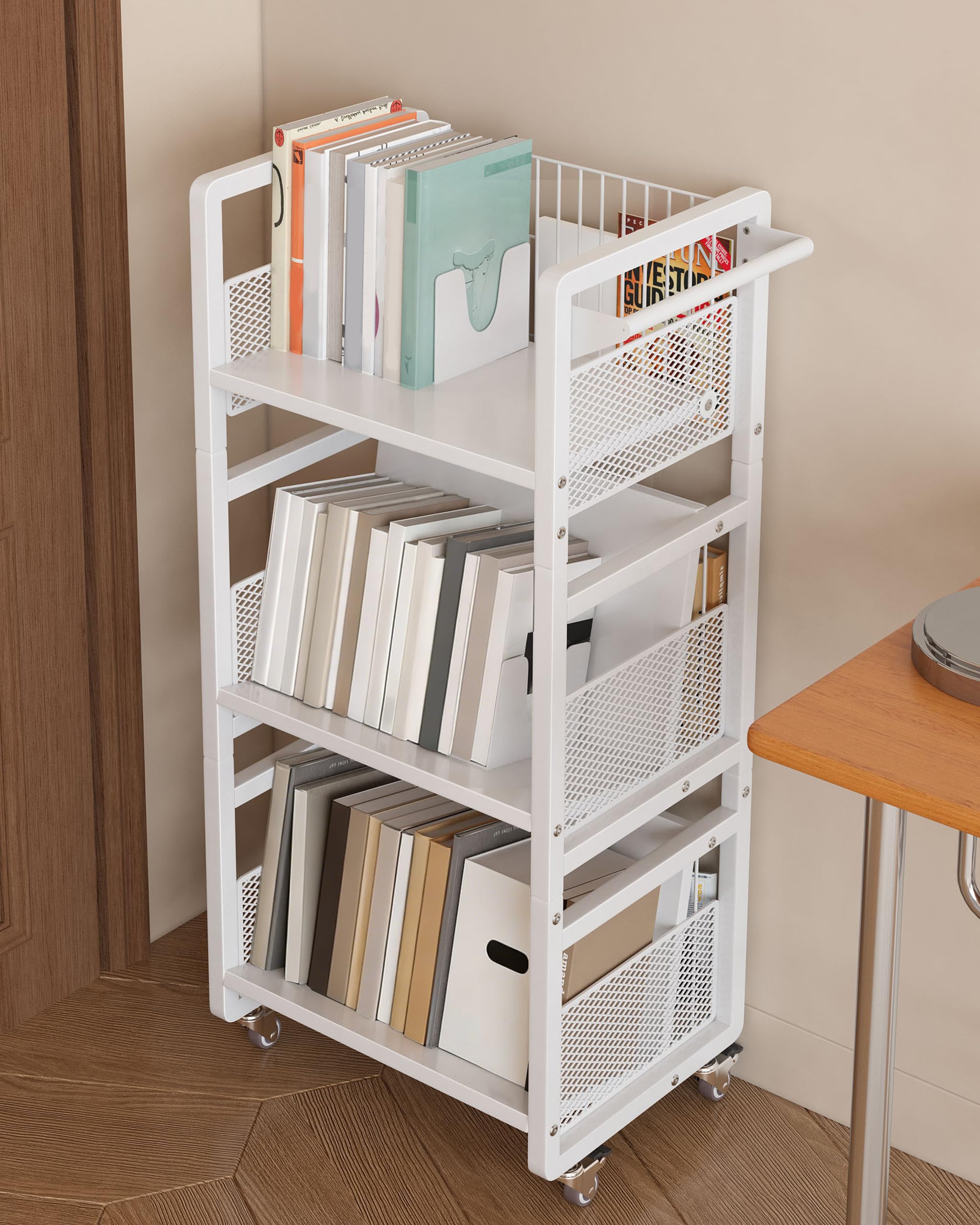 Photo 1 of UMDONX Heavy-Duty Double-Sided Book Cart with Silent Wheels and 3 Magnetic Book Shelves, Rolling Book Shelf, Library Book Cart, Suitable for Home, Office, or School ?White?