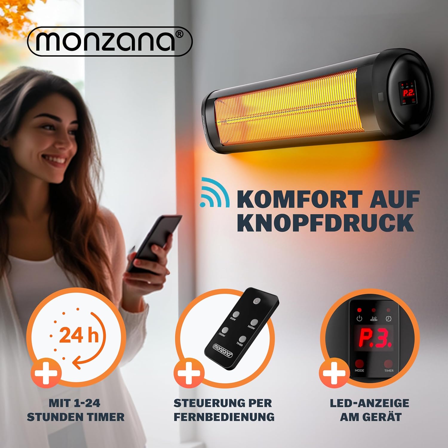 Monzana MZH2501 heater with remote control and LED display showing timer function