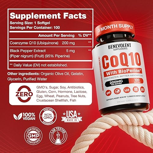 Miniatura 4 de Benevolent Pure CoQ10 200mg cápsulas blandas con BioPerine para máxima absorción, suplemento de ubiquinona coenzima Q10 para la salud cardíaca,
