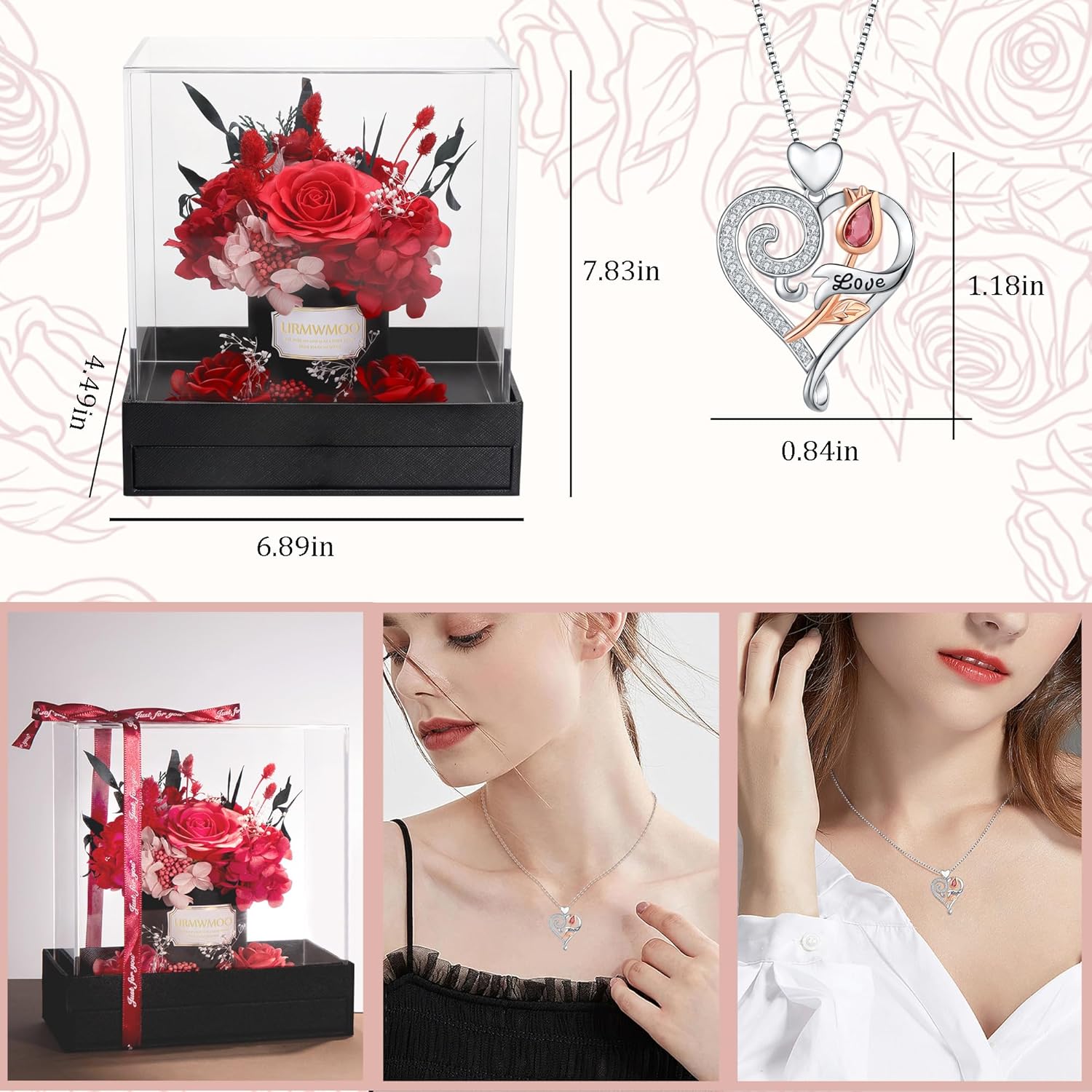 Preserved Red Rose with Mother Daughter Wife Necklace Jewelry Eternal Flowers Rose Birthday Gifts for Women on Birthday Christmas