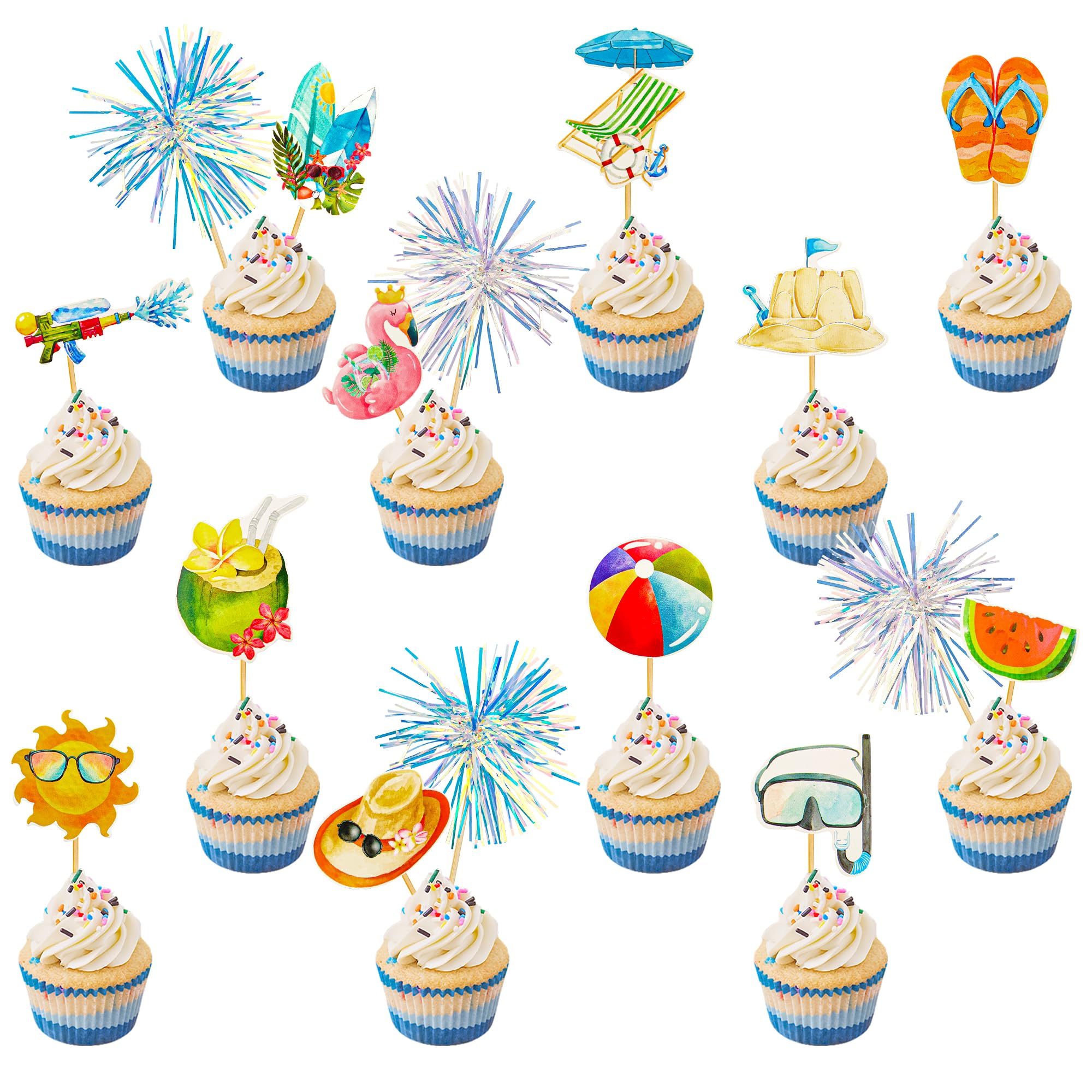 50Pcs Summer Beach Pool Cupcake Toppers Sun Flower Watermelon Water Gun Coconut Slippers Cupcake Picks Baby Shower Hawaii Beach Pool Theme Birthday