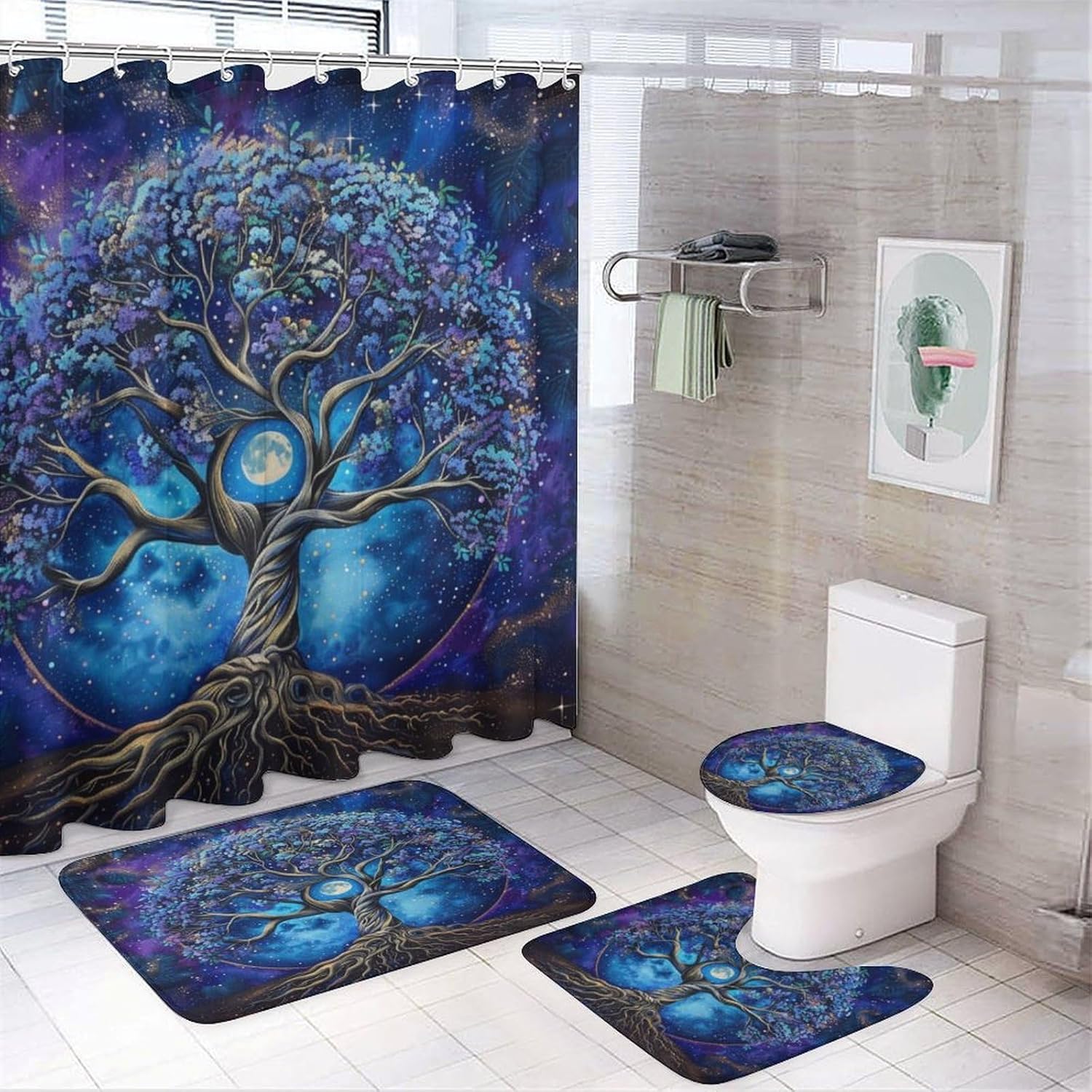 Rustic Tree Landscape Shower Curtain Set with 12 Hooks, 4-Piece Night Moon Watercolor Bathroom Sets Include Bathtub Curtain, Non-Slip Bath Rug Mat & Toilet Cover, Bathroom Decor