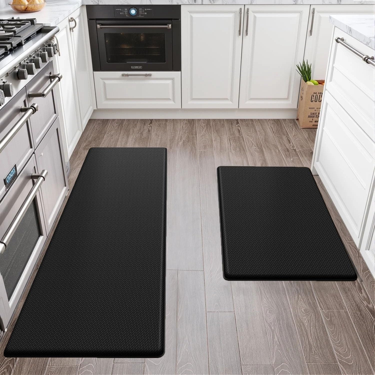 Artnice Kitchen Mats for Floor 2PCS, Cushioned Anti Fatigue Mat, Waterproof Memory Foam Kitchen Runner Rug, Non Slip Comfort Standing Mats for Desk, Home, Laundry, 17.3"×30"+17.3"×47.2", Black