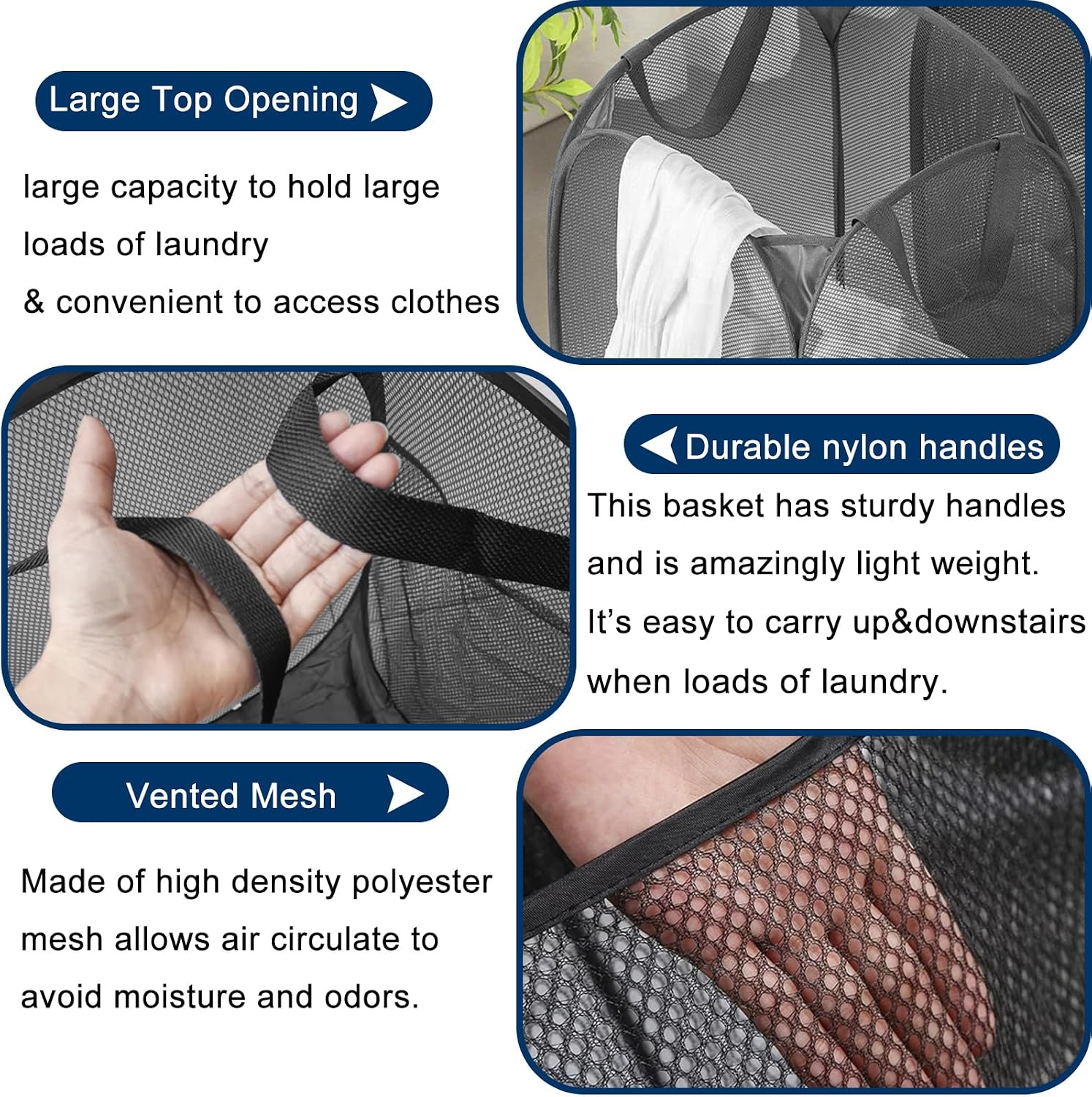 Pop Up Laundry Hamper Pack of 2 Mesh Collapsible Laudry Baskets with Side Pocket and Handles, Easy to Carry for Cruise, Home, Dorms, Laundry Room (Black+Rose red) image 3