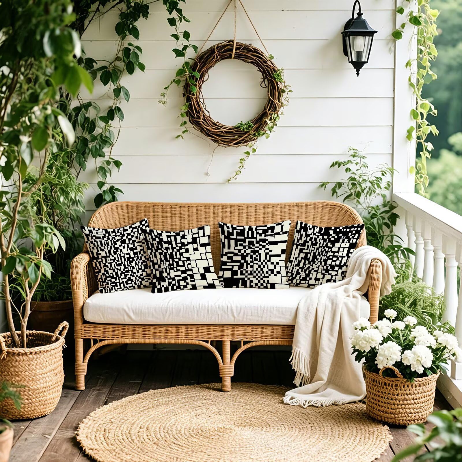 Coussin Exterieur Impermeable Noir, Taie Oreiller 45x45 Set de 4, Cod-3259