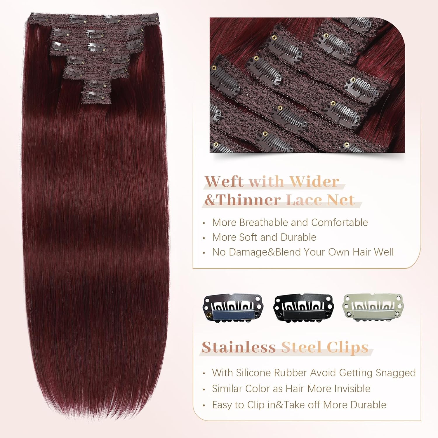 Sisily Clip in Hair Extensions Real Human Hair, Premium Human Hair Clip in Extensions Burgundy Red, Soft Straight Hair Extensions Real Human Hair Clip ins 7PCS Double Weft（14 Inch）