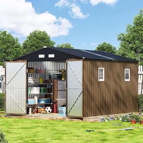 10X12X7.5 FT Outdoor Steel Storage Shed with Lockable Doors, 2 Windows, Transparent Roof Panels (Wood Panels & Frame Floor Not Included), Ideal for Patio Storage,Garbage Can, Chicken Coop,Brown