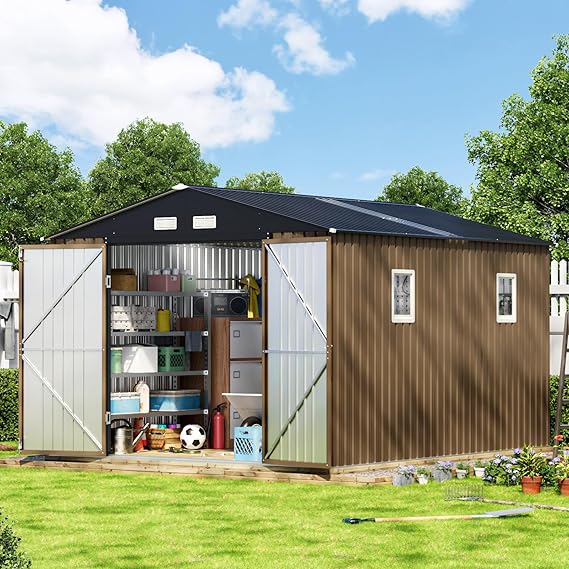 10X12X7.5 FT Outdoor Steel Storage Shed with Lockable Doors, 2 Windows, Transparent Roof Panels (Wood Panels & Frame Floor Not Included), Ideal for Patio Storage,Garbage Can, Chicken Coop,Brown