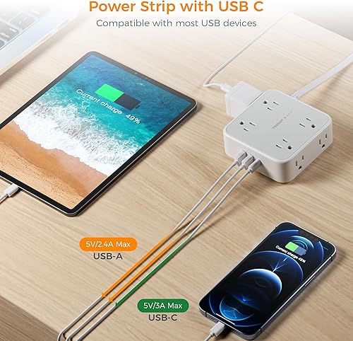 Miniatura 3 de Tessan Enchufe múltiple para sobretensión, 900 J, cable plano, 25 ft, 8 tomacorrientes, 3 puertos USB (1 USB C), estación de carga de escritorio