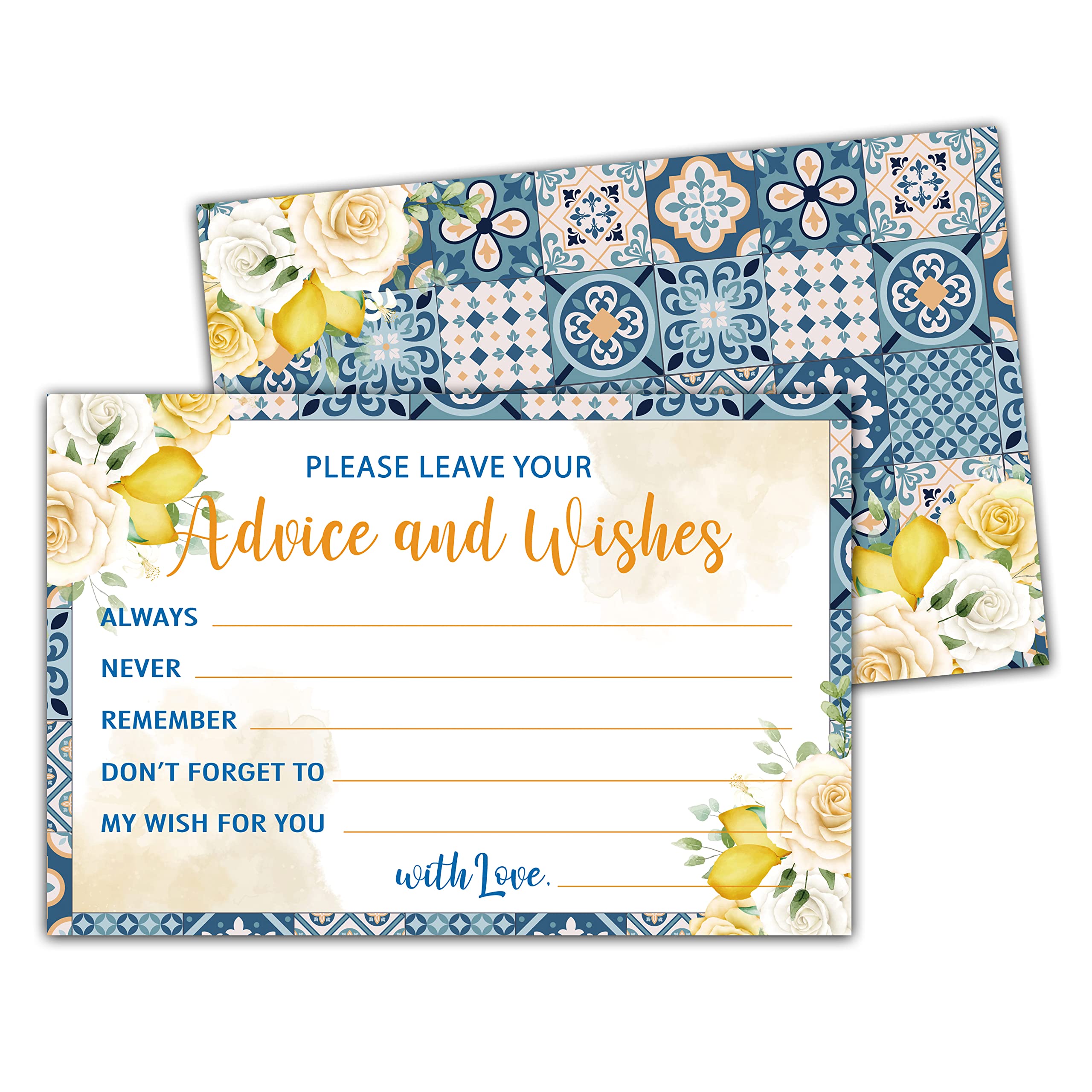 Mediterranean Lemon Advice and Wishes Cards, 25 Pcs Italian Blue Tiles Double Sided Advice Cards for The Bride and Groom, Mr and Mrs, Bride Shower,