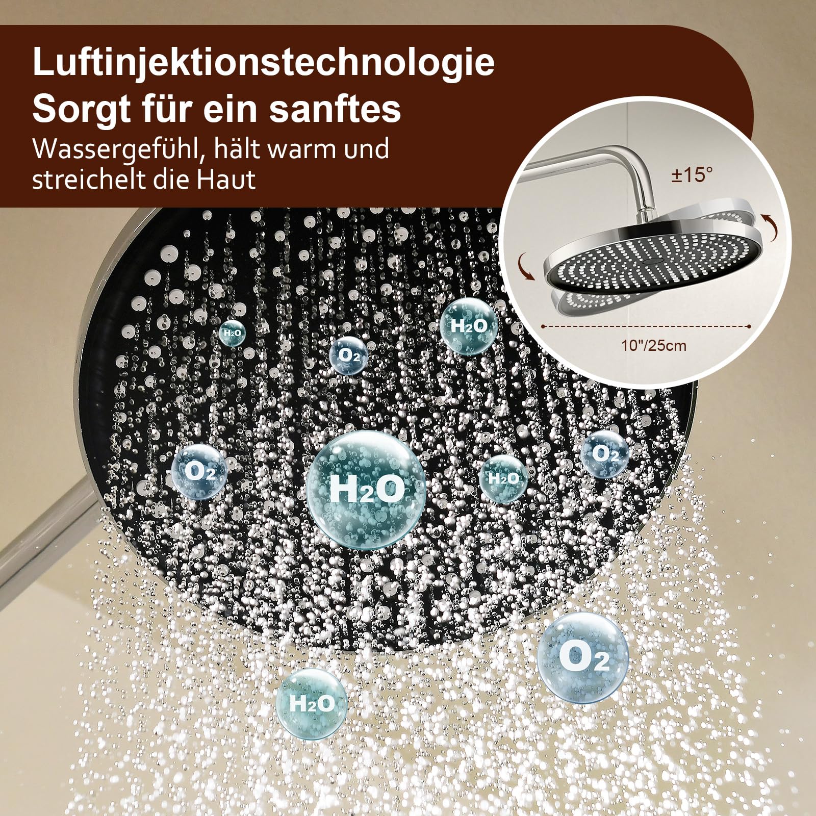 Duschsystem Komplettset Mit Thermostat 25cm Regendusche & 3 Strahlarten-Handbrause Thermostat mit rutschfestem Drehknopf & Anti-Verbrühung Höhenverstellbar Edelstahl Wassersparend
