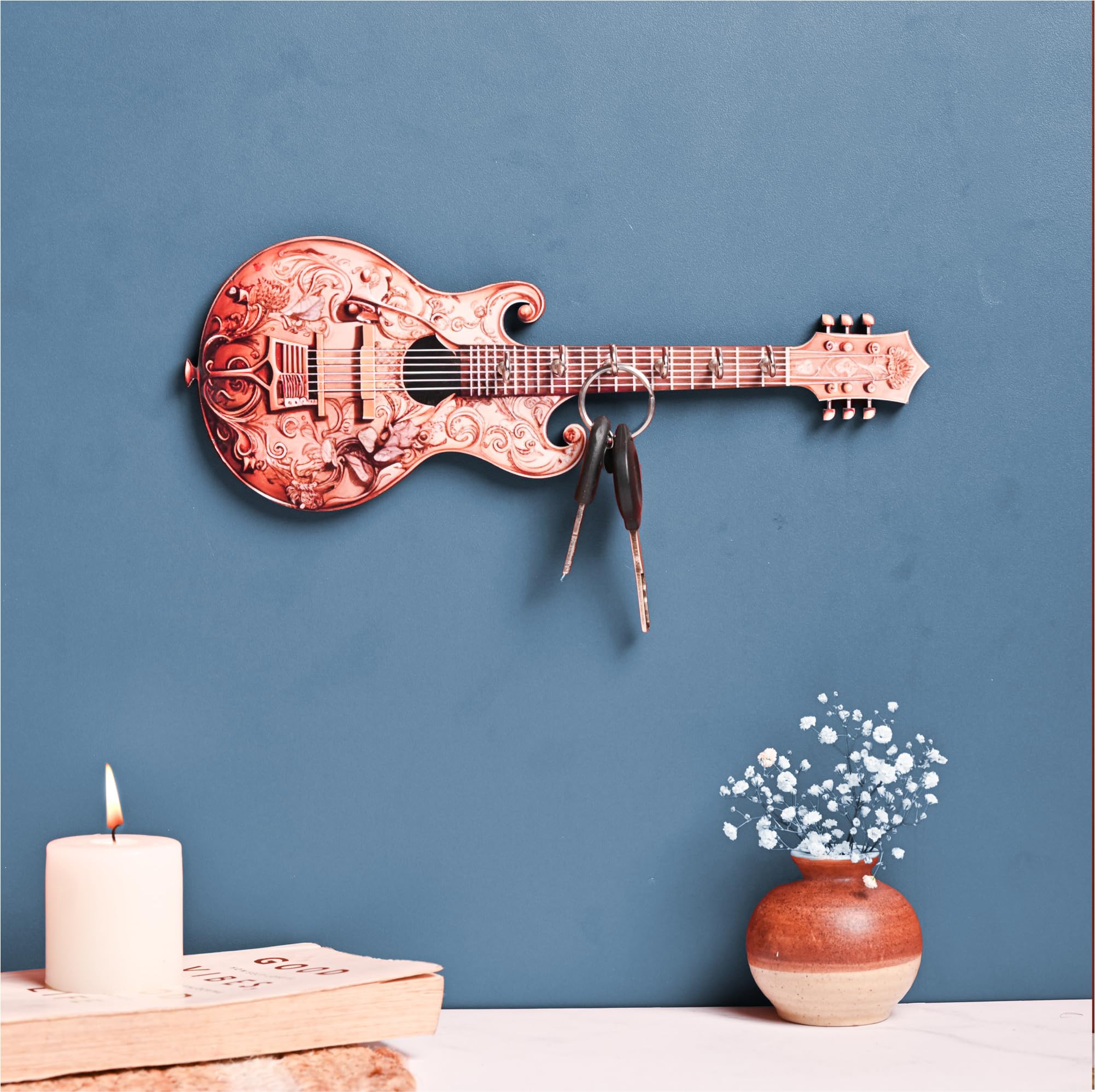 Key Holder for Home | Premium Guitar Wooden Key Holder | Wood | 6 Hook - Decorative Wooden Printed Key Holder for Home Decor | 30 by 15 cm