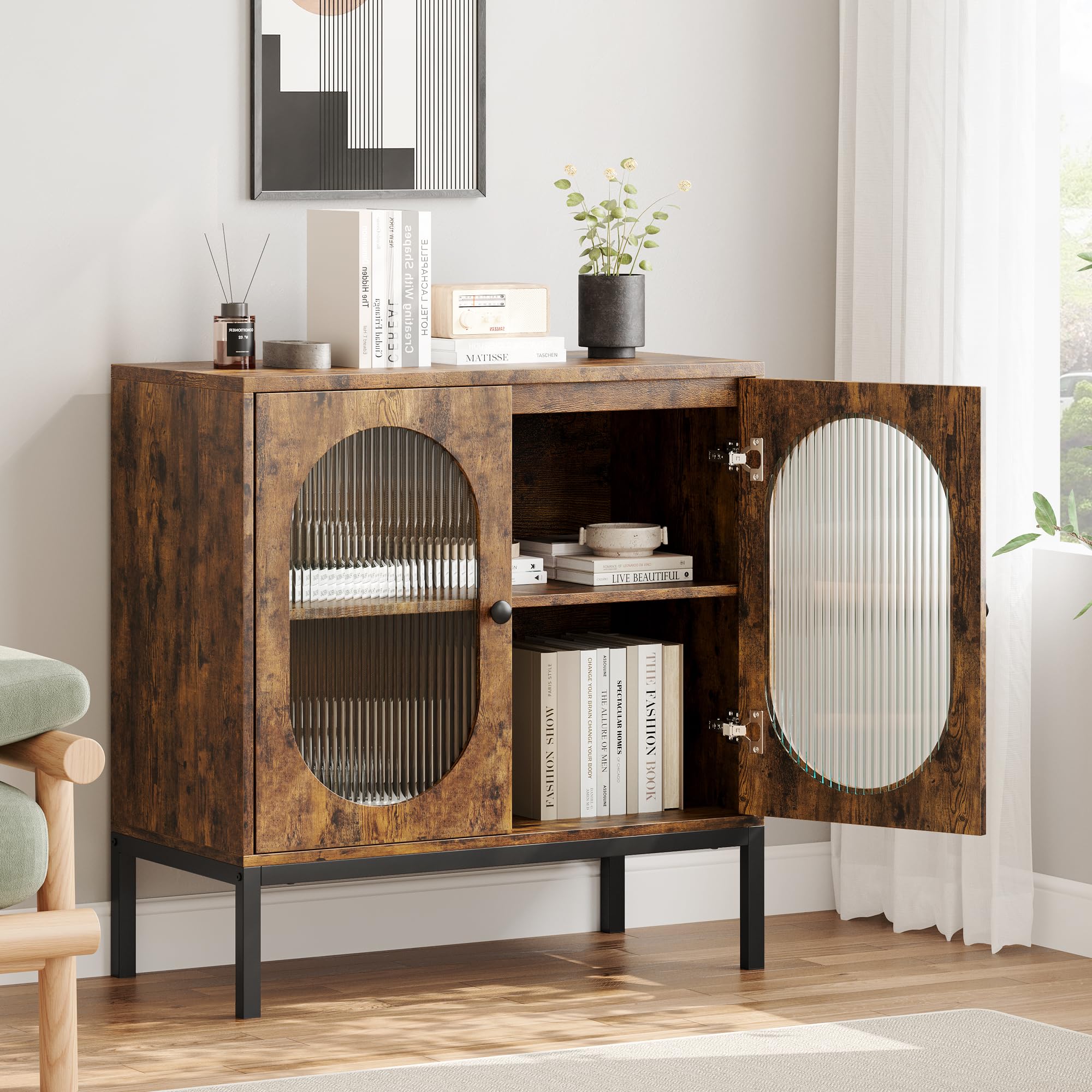 Buffet - Armoire de cuisine avec étagères réglables - Armoire d'appoint avec 2 portes en verre - 80 x 40 x 83 cm - Avec pieds en tube métallique haut - Pour cuisine, salle à manger, salon - Marron