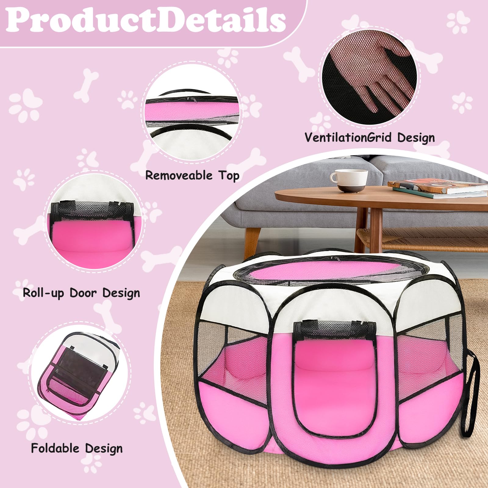 Parque plegable para cachorros, 74 x 74 x 43 cm, parque portátil para animales pequeños, recinto para cachorros y gatos, interior y exterior, recinto libre para perros, gatos, conejos (rosa)