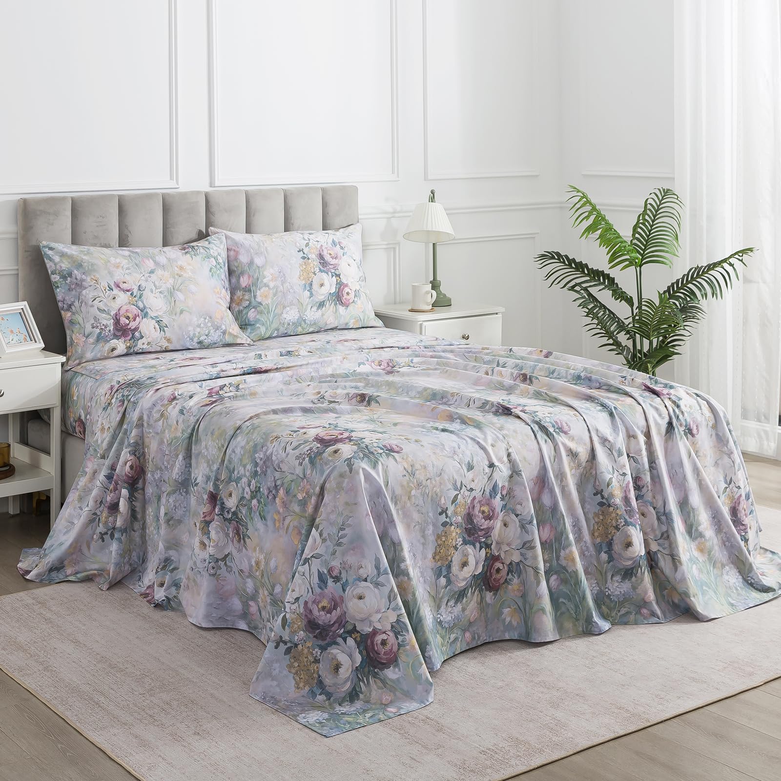 Vintage Floral Sheets Queen, 100% Cotton Percale Shabby Rose Chic Sheet Set, Soft Crisp Aesthetic Green Flower Bed Sheets, Garden Toile Designer Bedding, Deep Pocket Fitted Sheet, 4Pcs